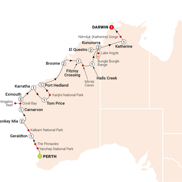 Wonders of the West Coast & Kimberley Itinerary Map
