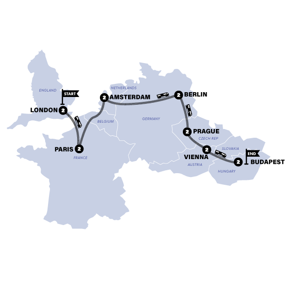 London to Budapest by Train Trip Map