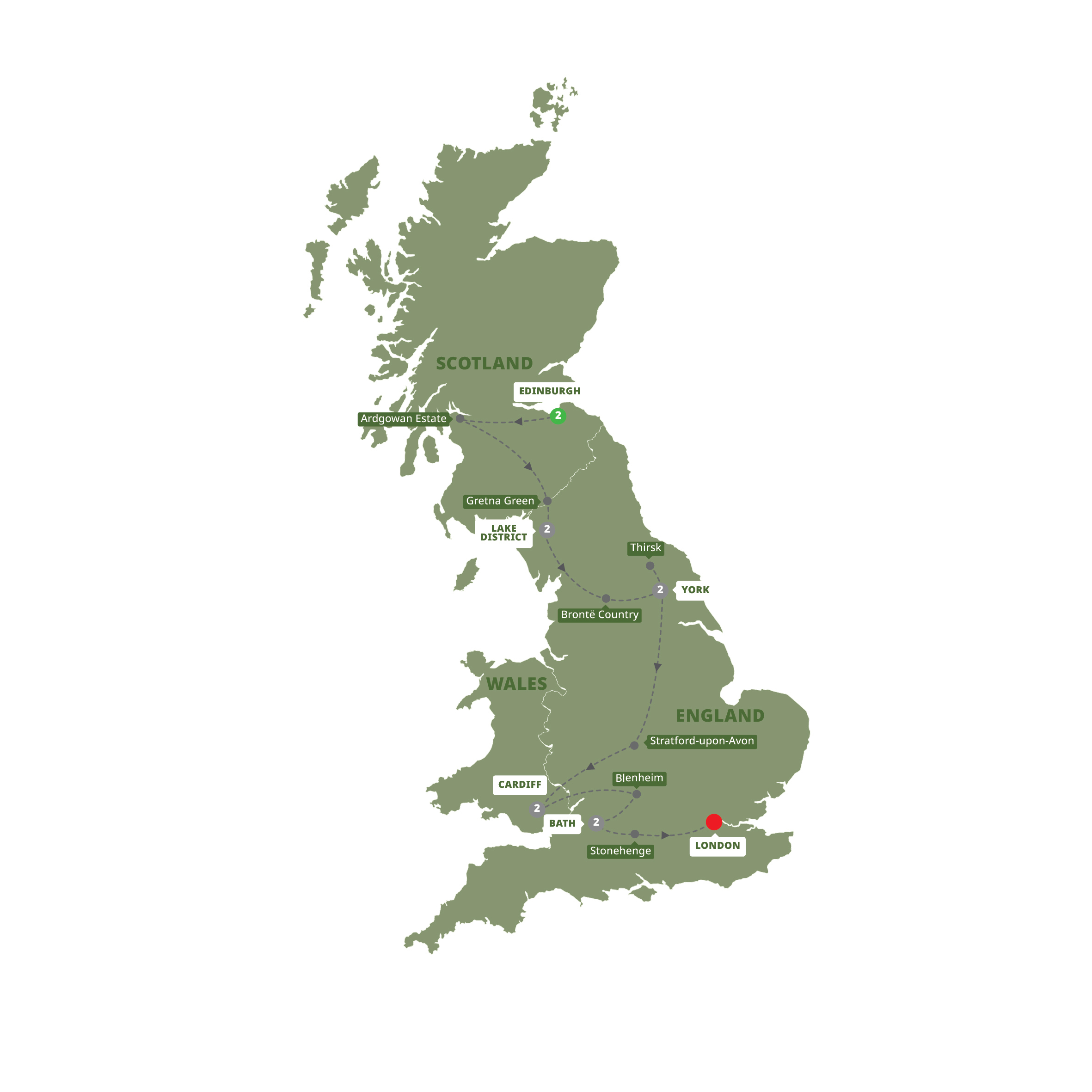 Map of Elegance of Great Britain - Start Edinburgh from Trafalgar