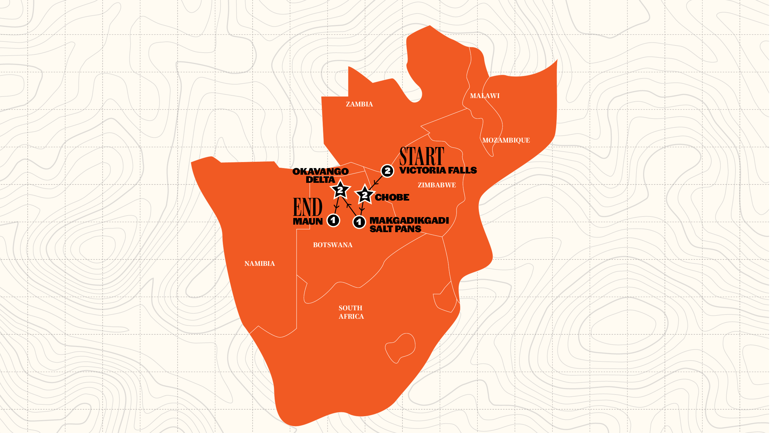 Map of Botswana & Victoria Falls 35 to 45 | 2027 from Contiki
