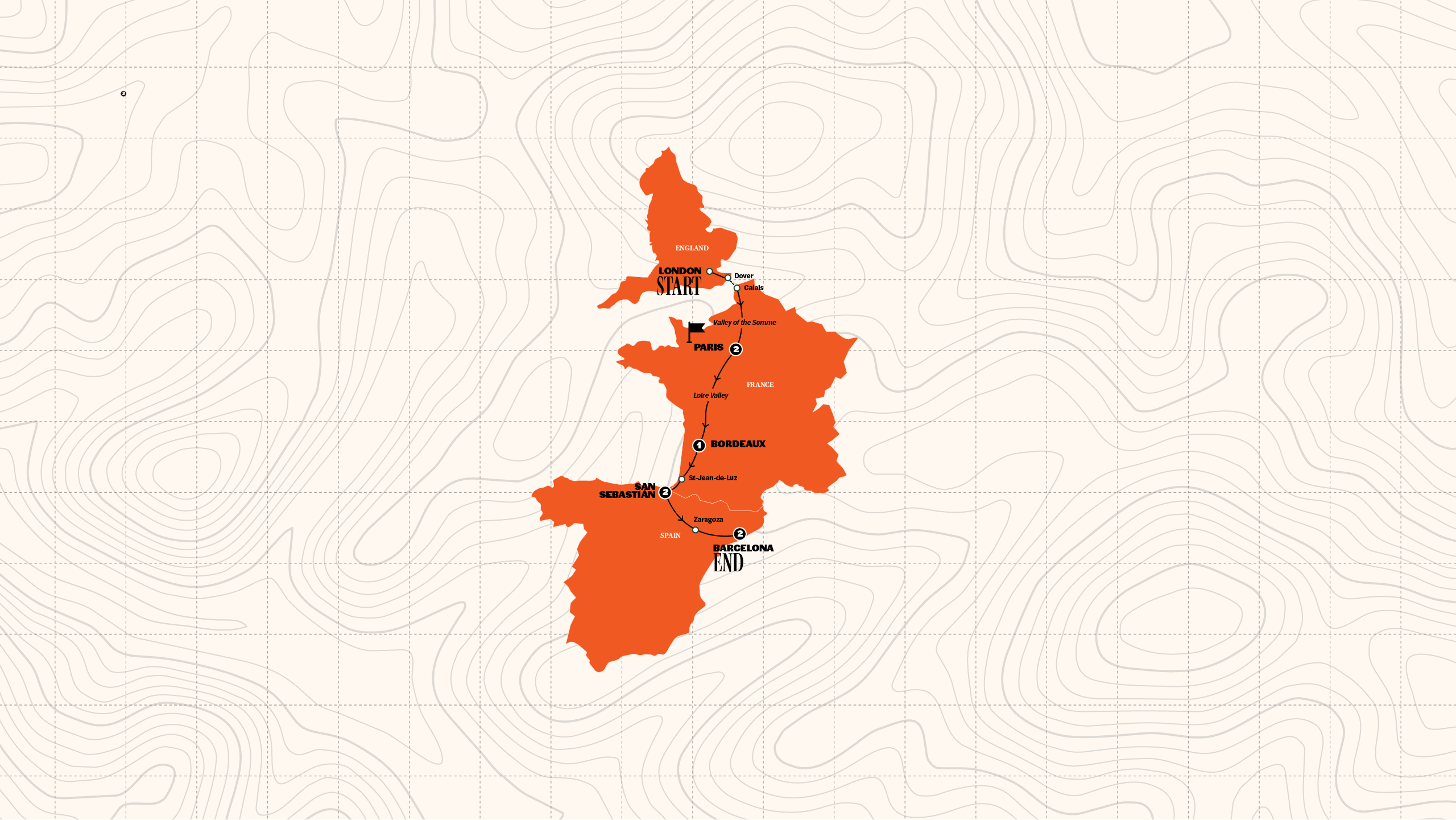 Map of London to Barcelona Quest | Hostels | Start Paris | Winter | 2026/2027 from Contiki