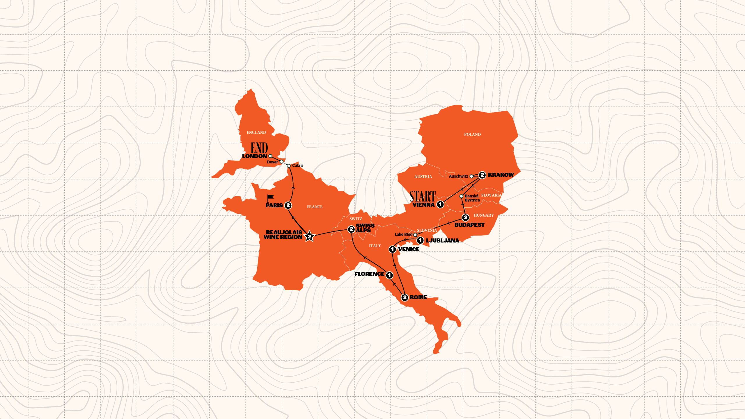 Map of Vienna to London Trail | Hostels | Summer 2027 from Contiki