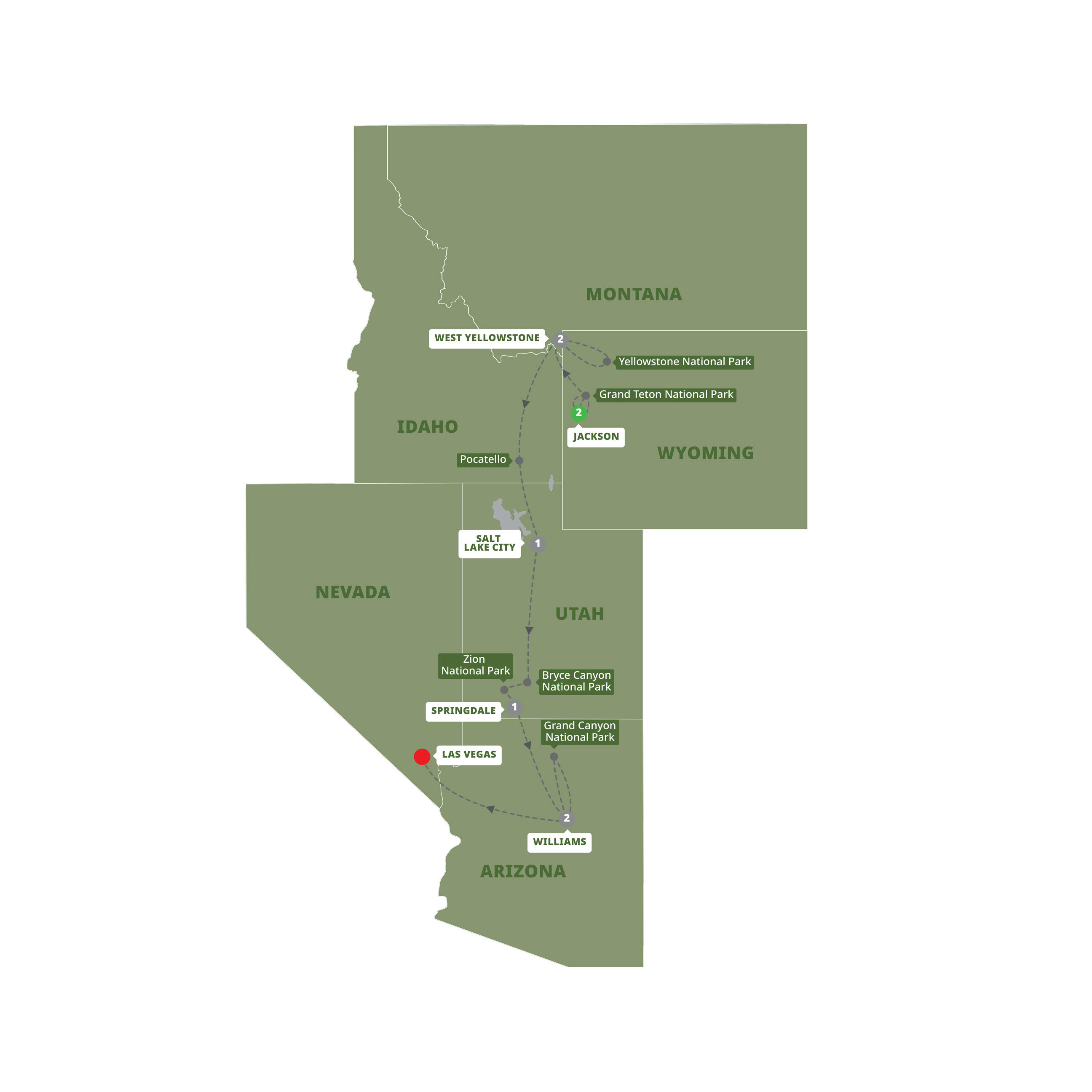 Map of Five Epic National Parks from Trafalgar