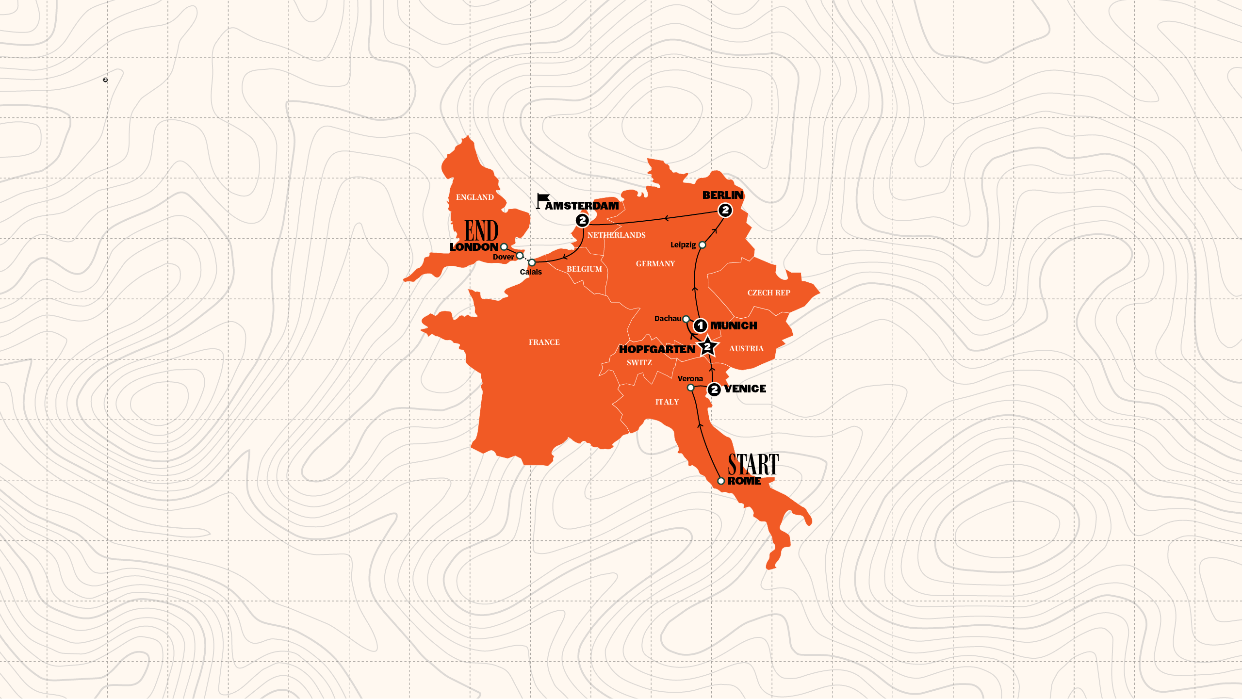 Map of Rome to London Quest | Age 18-22 Hostels | Summer | 2027 from Contiki