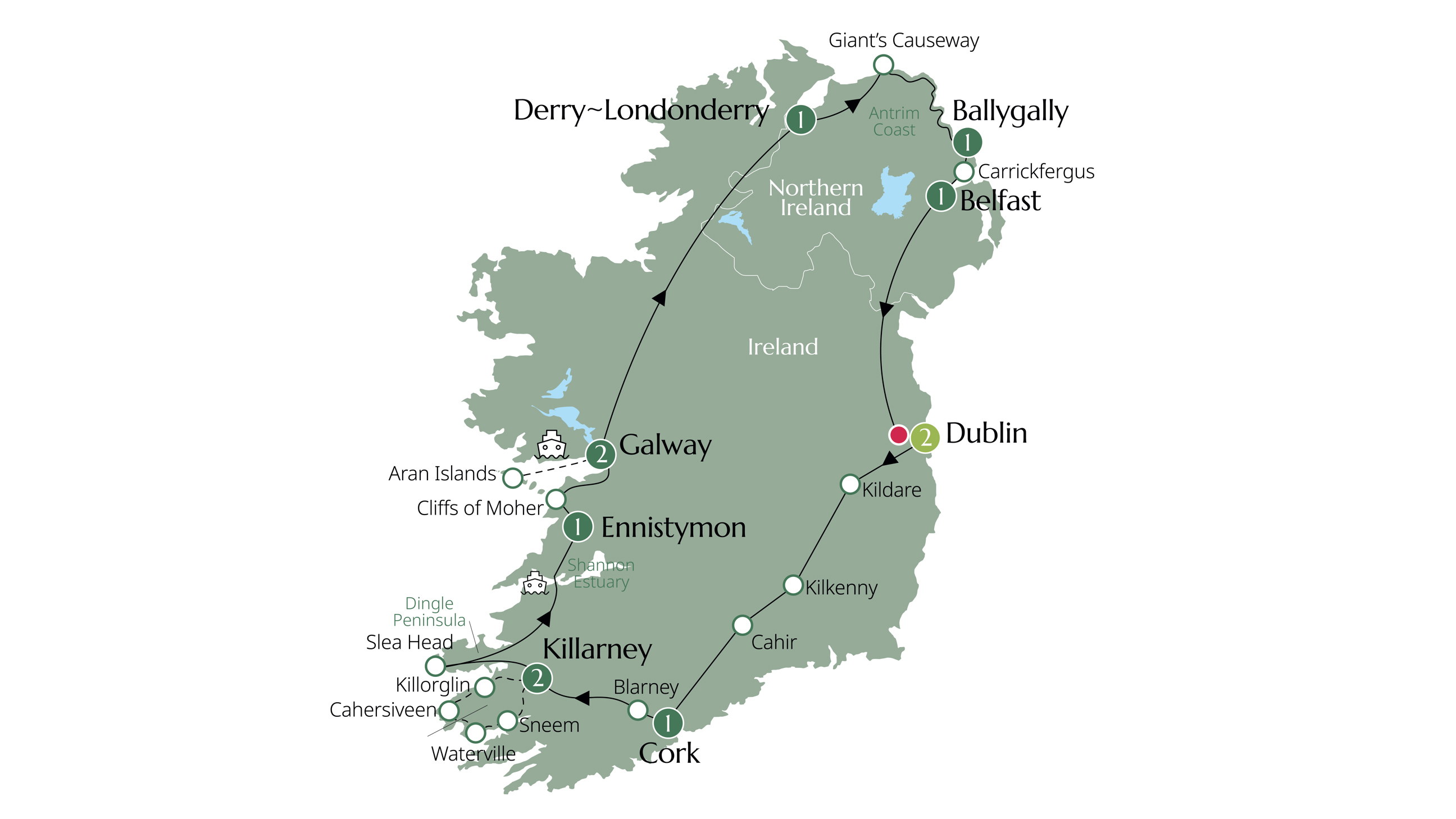 Country Roads of Ireland - End Dublin, Small Group Itinerary Map