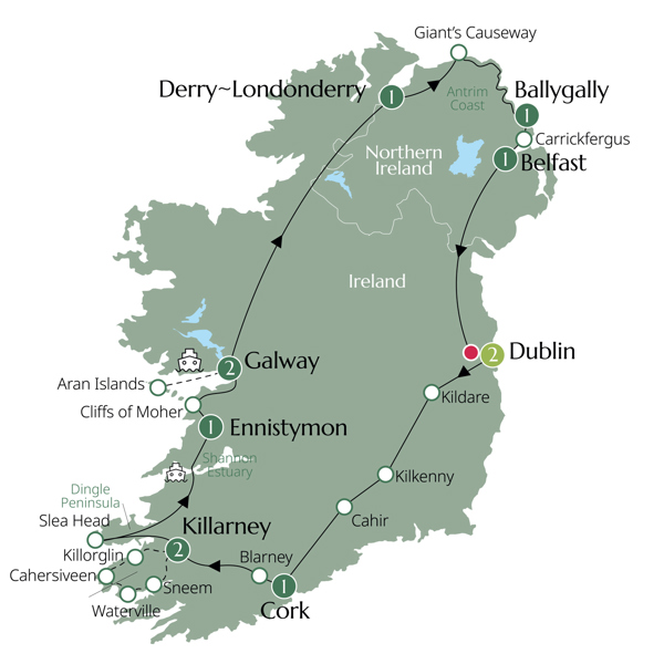 Country Roads of Ireland - End Dublin, Small Group Itinerary Map