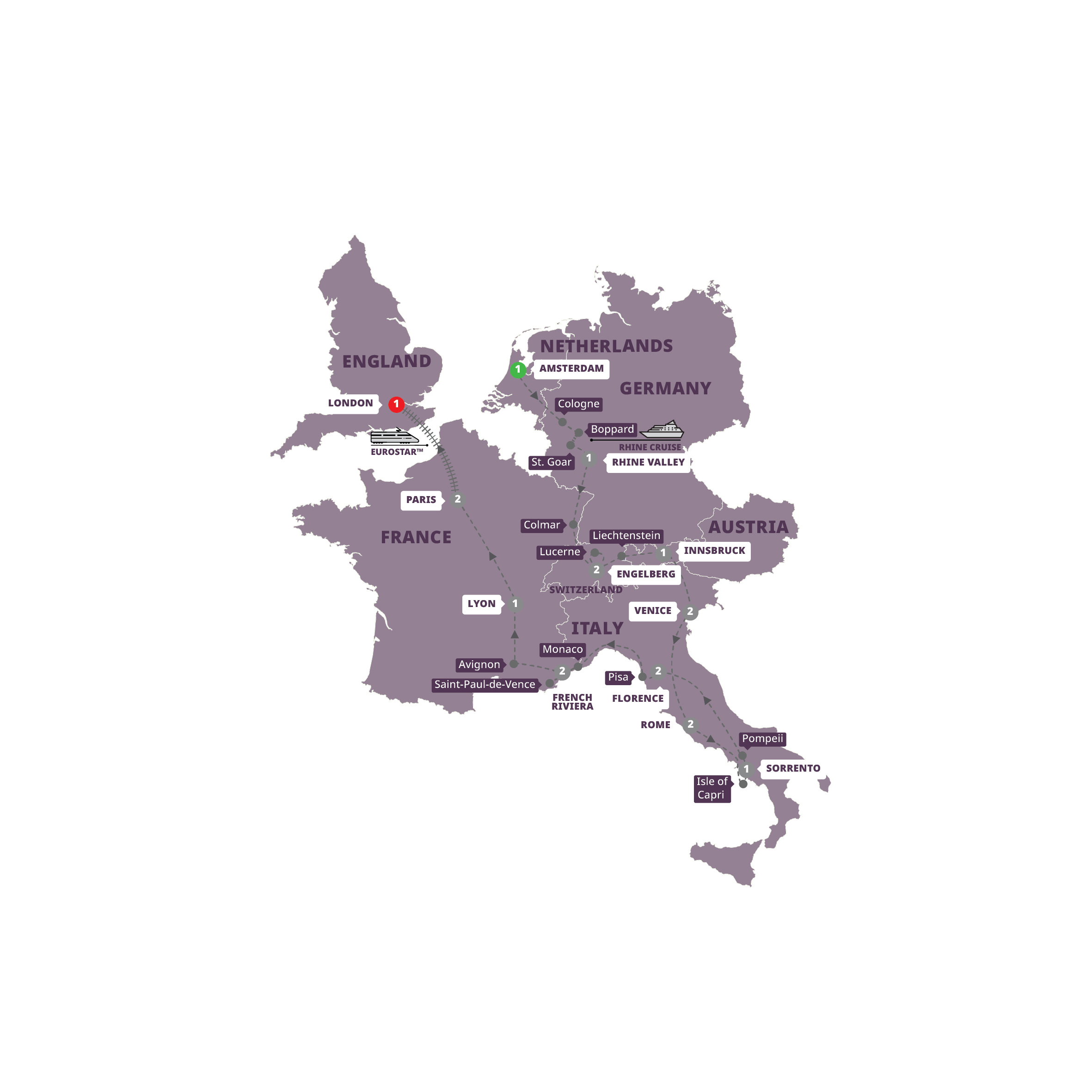 Map of Traditional Europe Eurostar™ Extension from Trafalgar