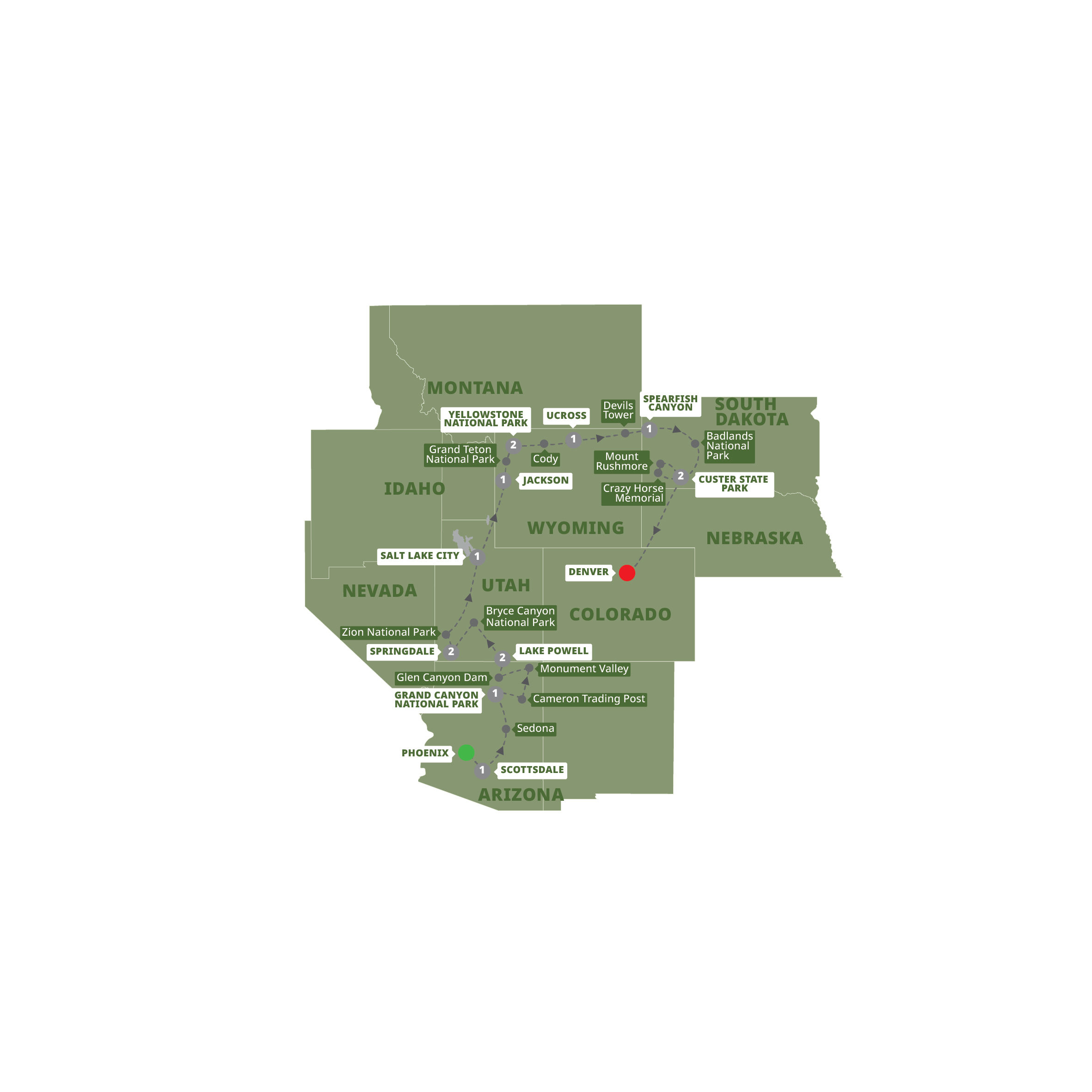 Map of America's Magnificent National Parks - end Denver from Trafalgar