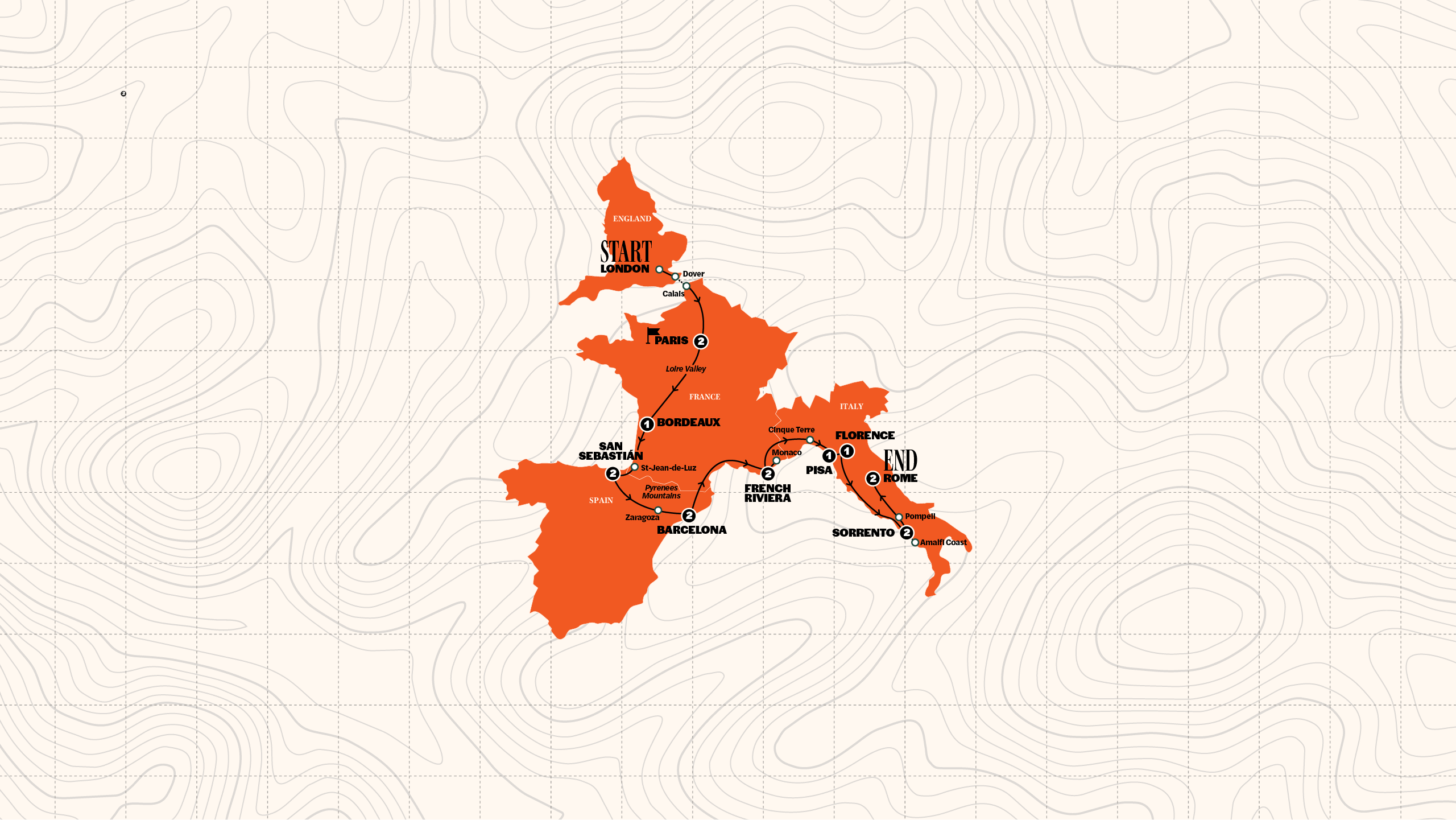 Map of London to Rome Quest | Hostels | Start Paris | Winter | 2026/2027 from Contiki