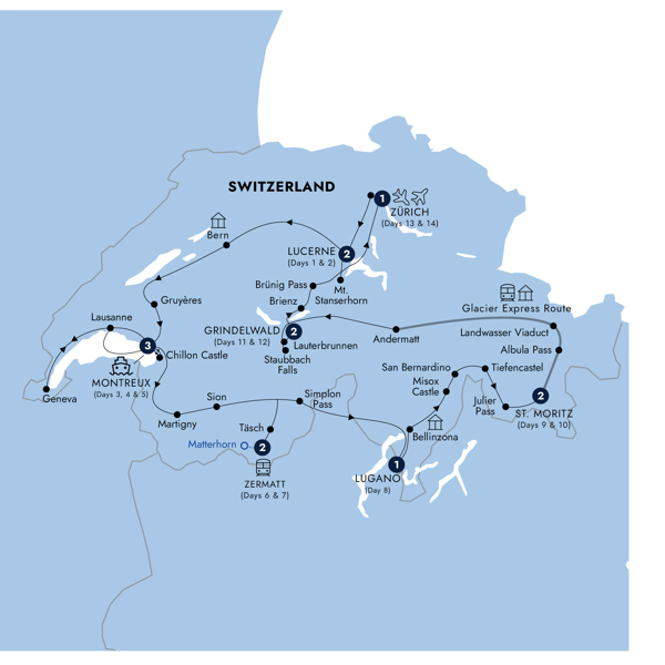 Country Roads of Switzerland - Classic Group Itinerary Map