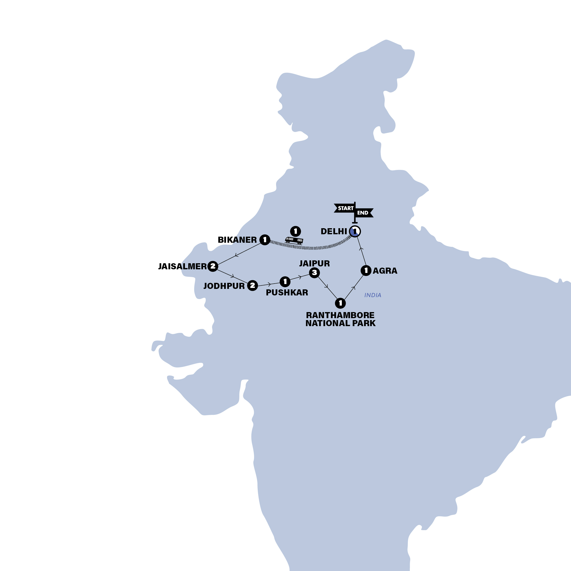 Map of India: Rajasthan & Golden Triangle from Contiki