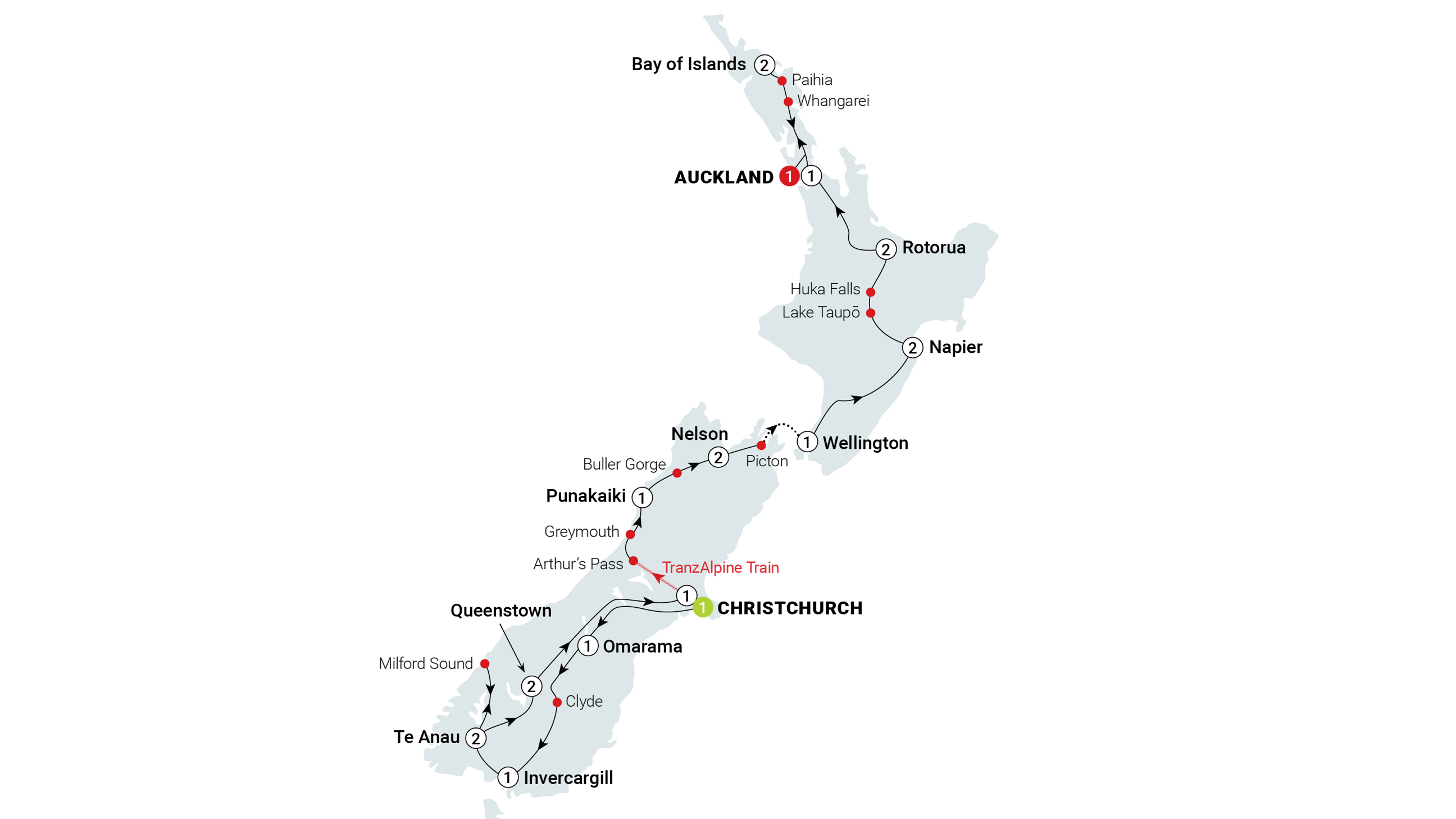 Spirit of New Zealand Itinerary Map