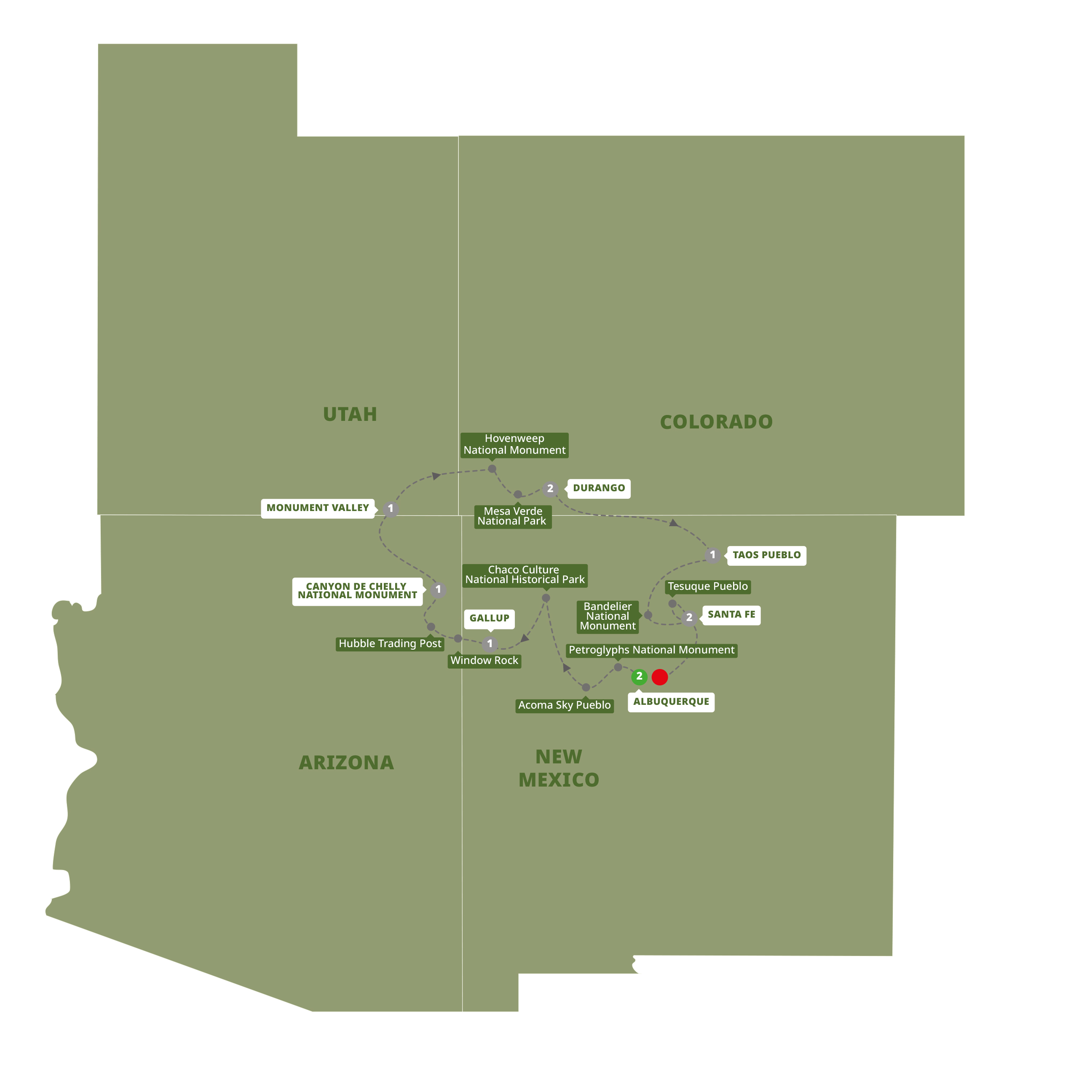Southwest Native Trails End Albuquerque Itinerary Map