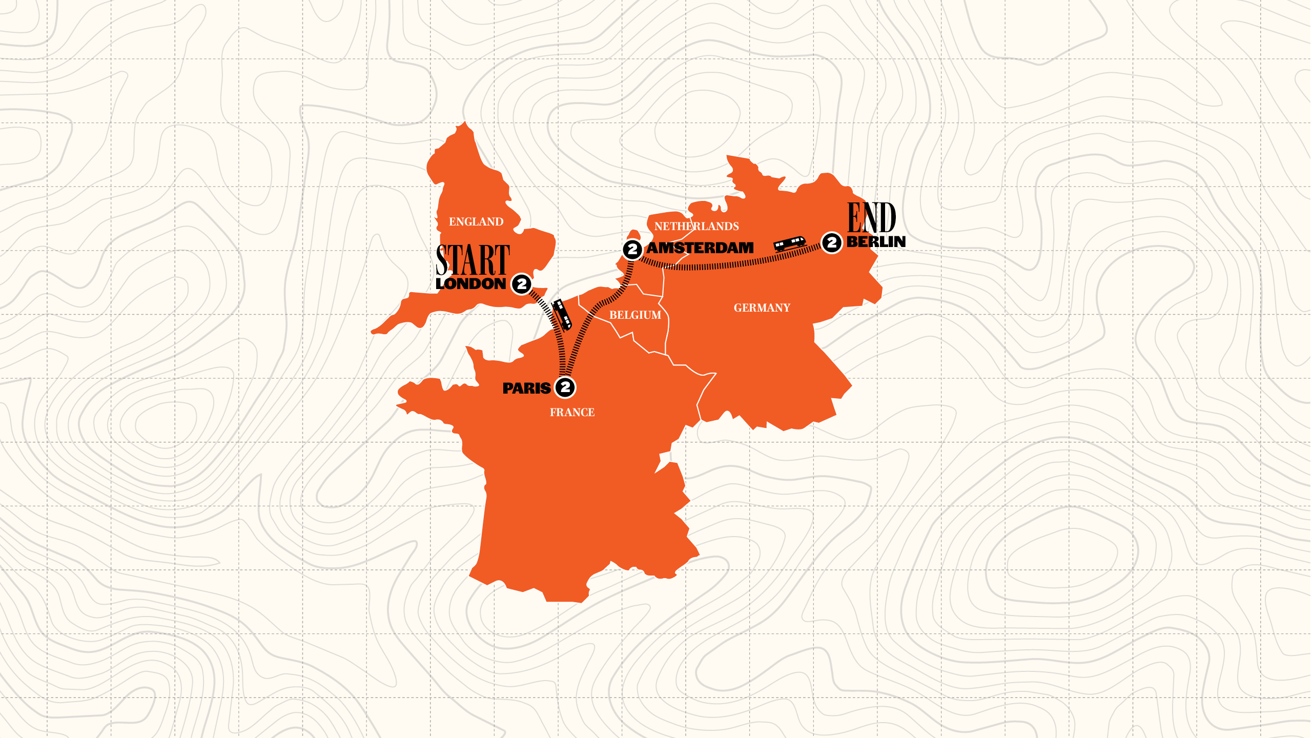 Map of London to Berlin by Train | Winter | 2027/2028 from Contiki