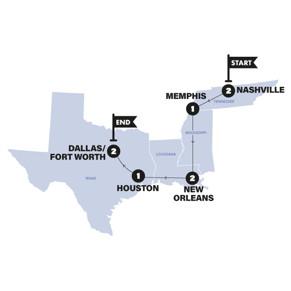 tourhub | Contiki | Nashville to Dallas Road Trip | 2025 | Tour Map