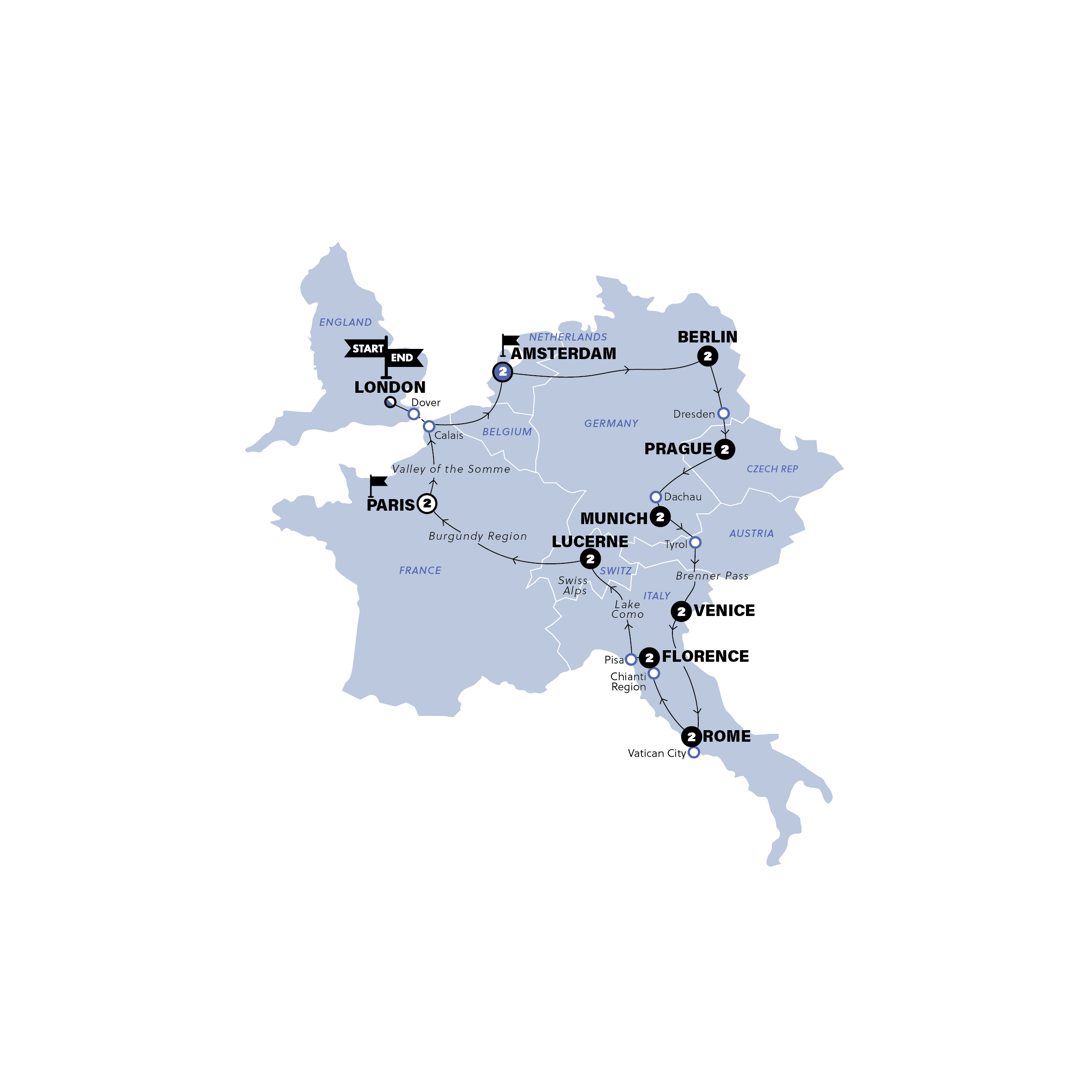 tourhub | Contiki | European Whirl | Plus | Start Amsterdam | Winter | Tour Map