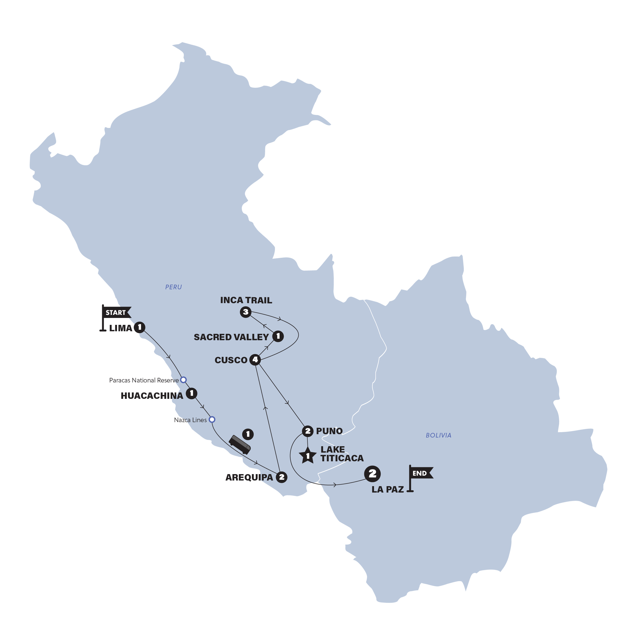 Map of Lima to La Paz with Inca Trail Trek | 2027 from Contiki