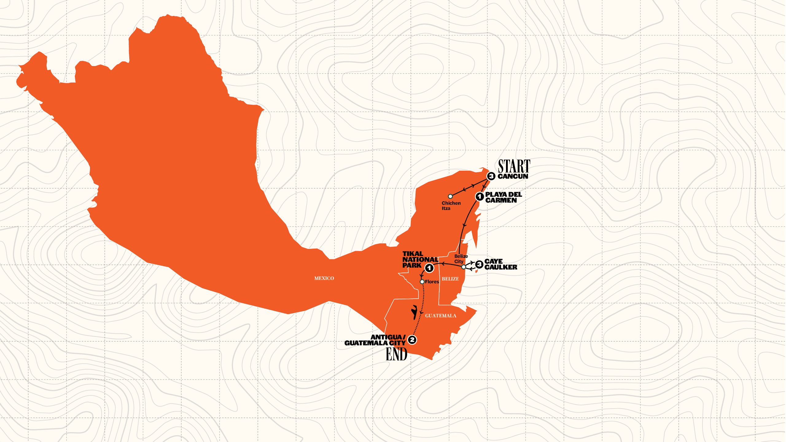 Map of Mexico, Belize and Guatemala from Contiki