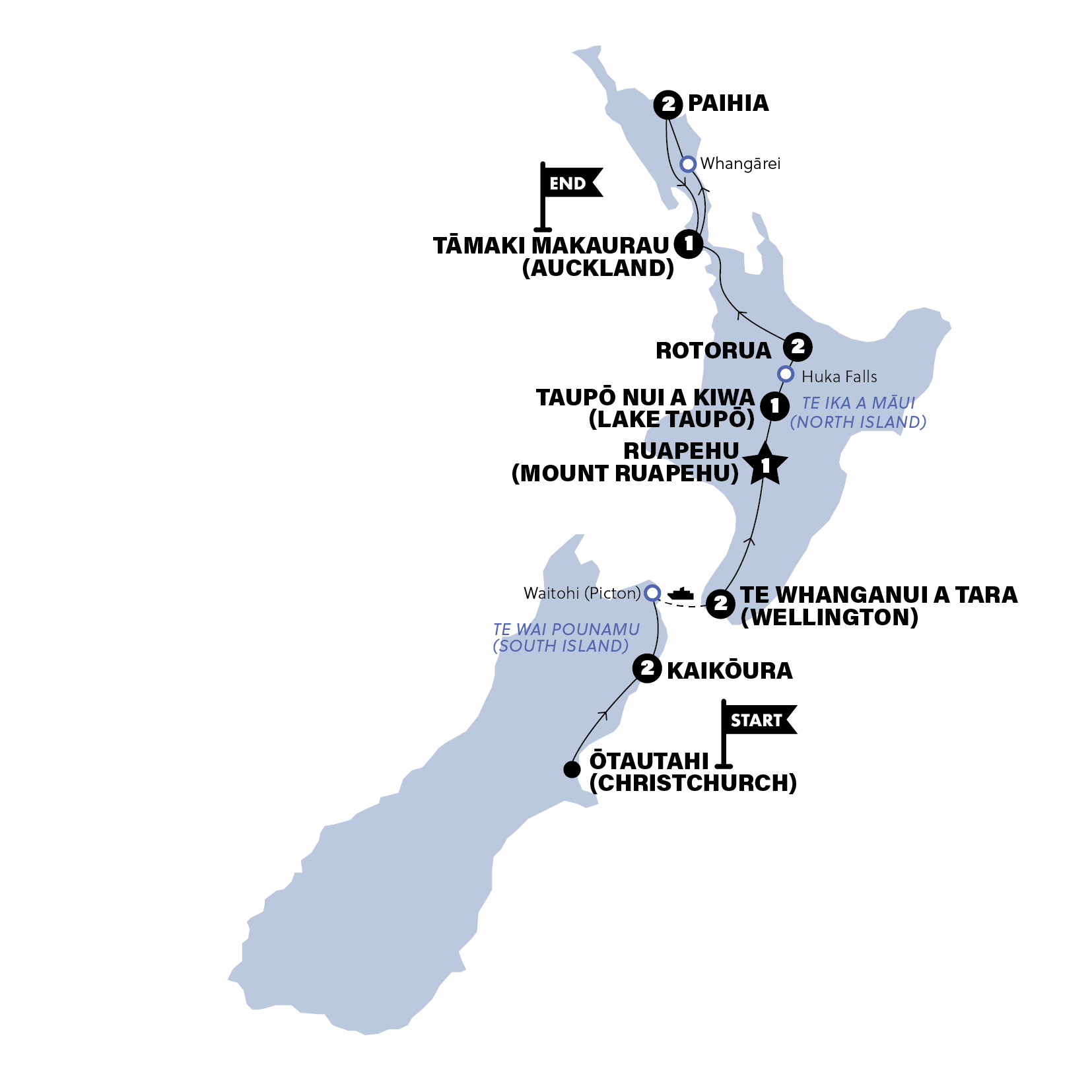Map of NZ: North Island & Kaikōura | Northbound | Oct 2026 - Sep 2027 from Contiki