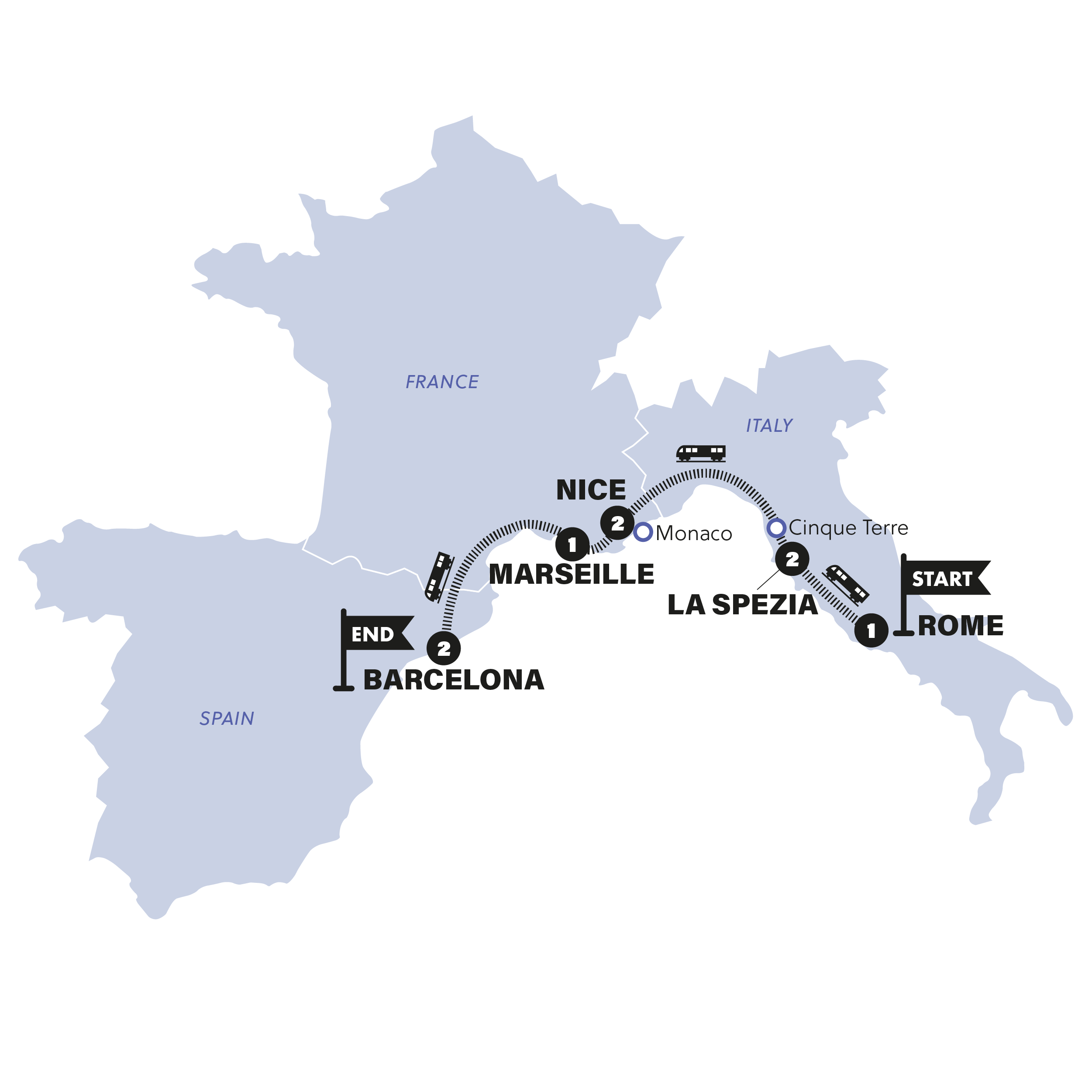 tourhub | Contiki | Rome to Barcelona by Train | Classic | 2024 | Tour Map