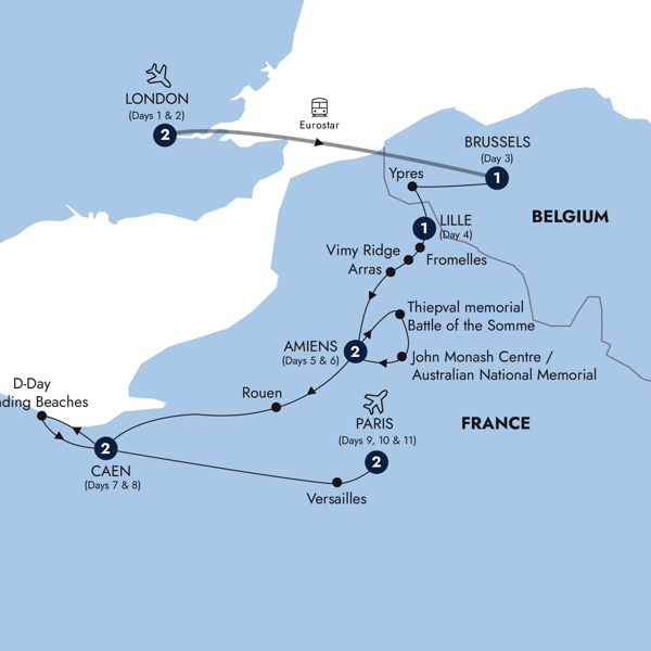 Battlefields of WWI & WWII Itinerary Map
