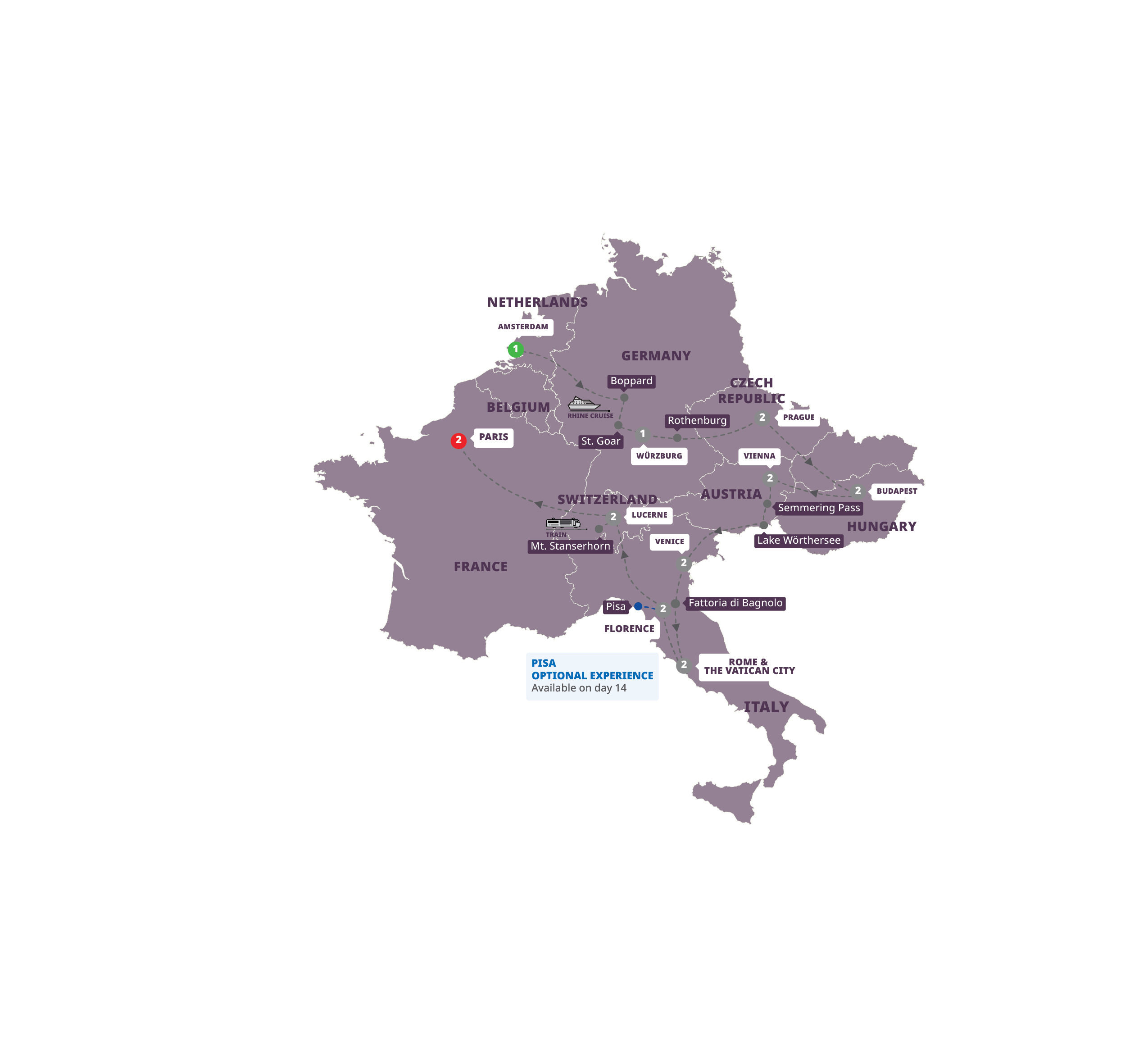 Map of Romantic European Start Amsterdam from Trafalgar