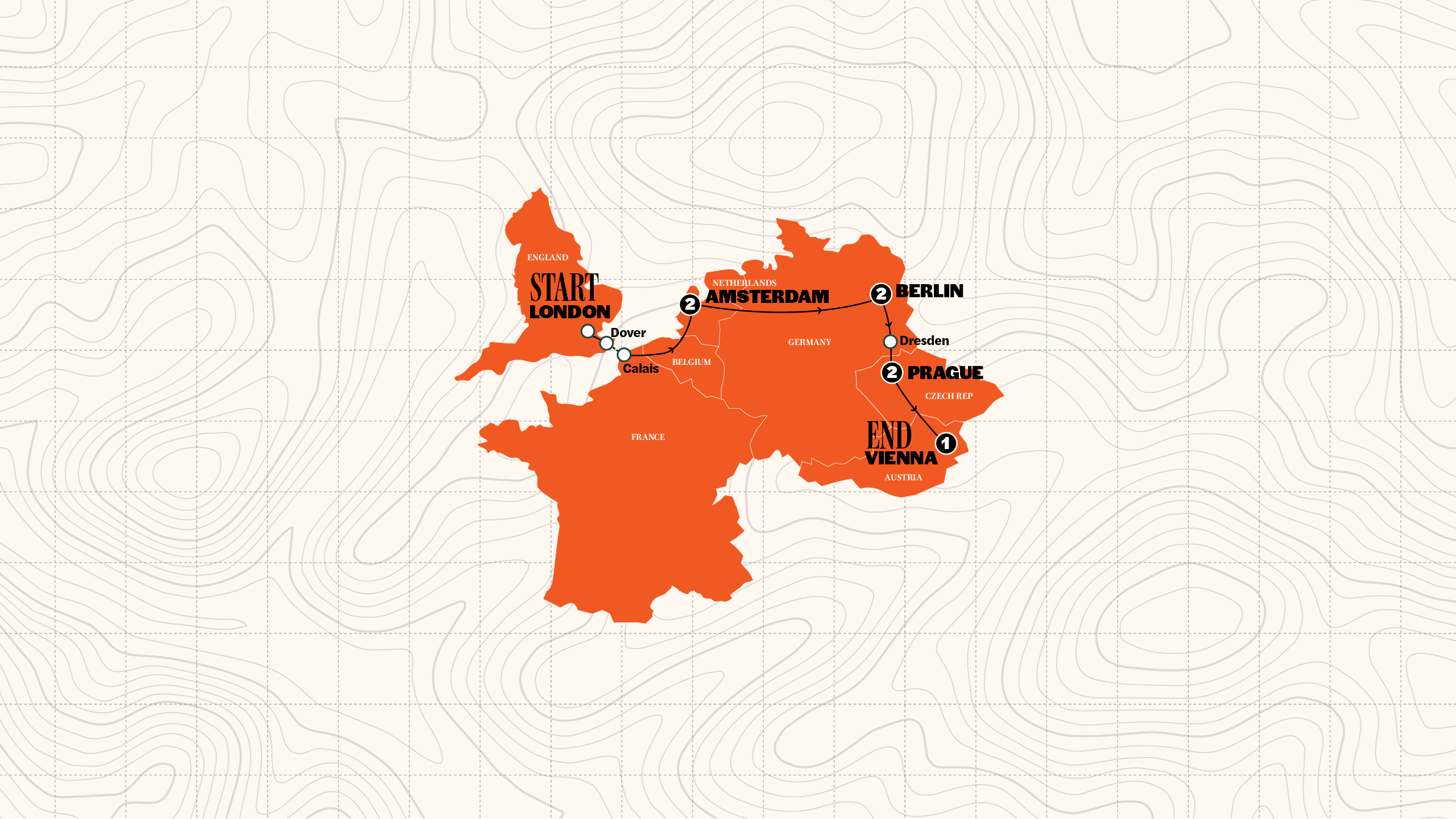 Map of London to Vienna Trail | Hostels | Start Amsterdam | Winter 27/28 from Contiki