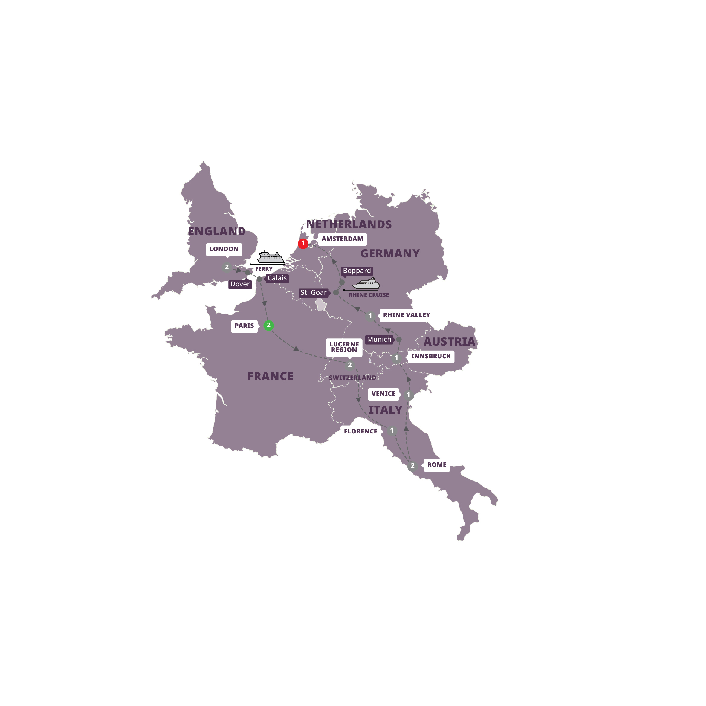Map of European Experience (2027, Start London) from Trafalgar