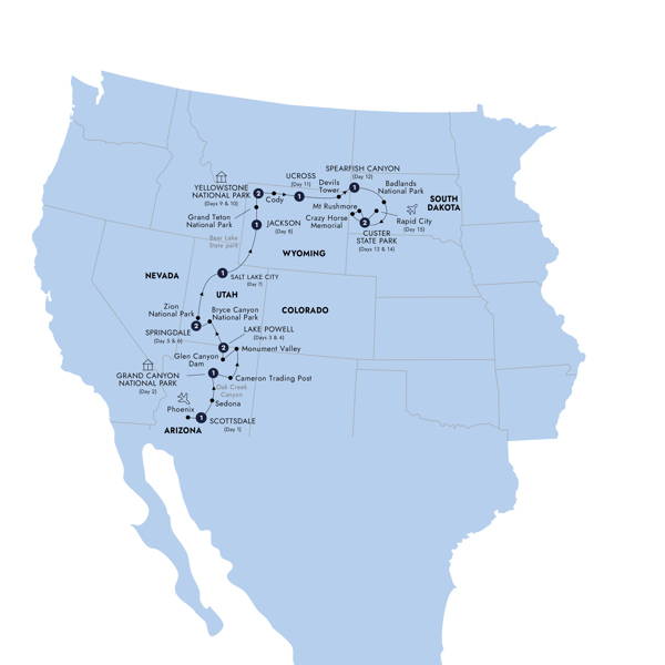America's Magnificent National Parks - end Rapid City, Classic Group Itinerary Map