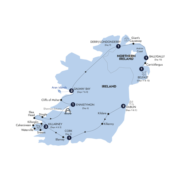 Country Roads of Ireland - End Belfast, Classic Group Itinerary Map