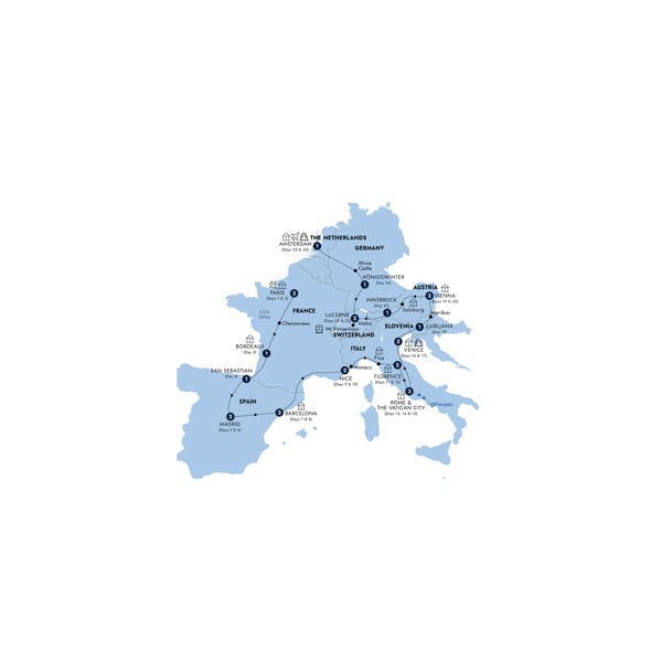European Grandeur - Start Paris, End Amsterdam, Small Group Itinerary Map