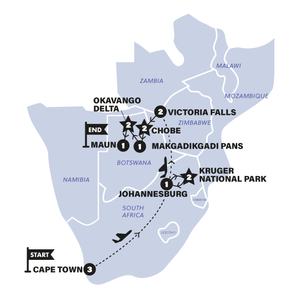 tourhub | Contiki | Cape to Delta Safari | AACDMA19 | Route Map