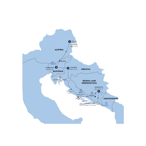 Eastern Capitals & Dalmatian Riviera - Classic Group Itinerary Map