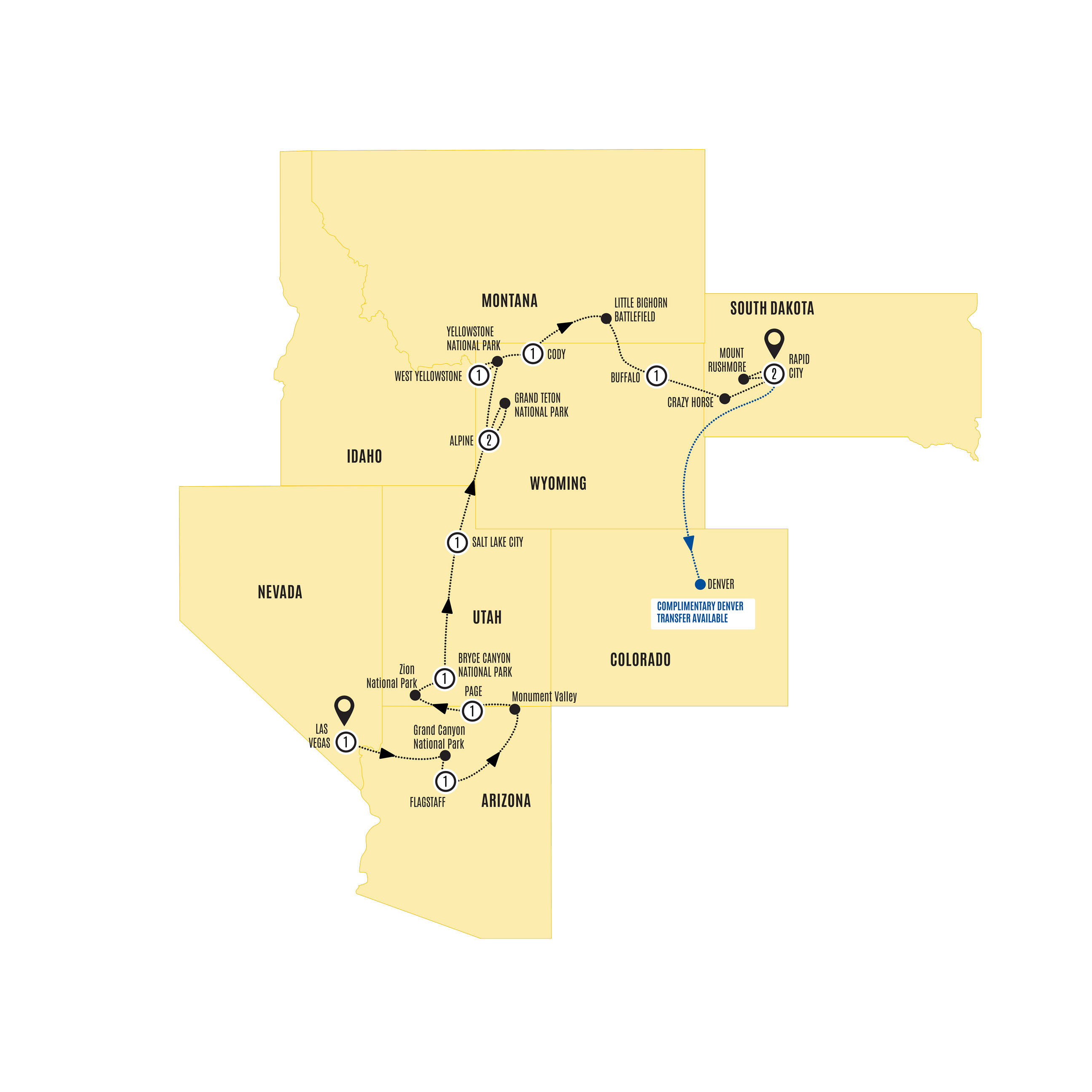 tourhub | Costsaver | Spectacular Canyons and National Parks End Rapid City | Tour Map