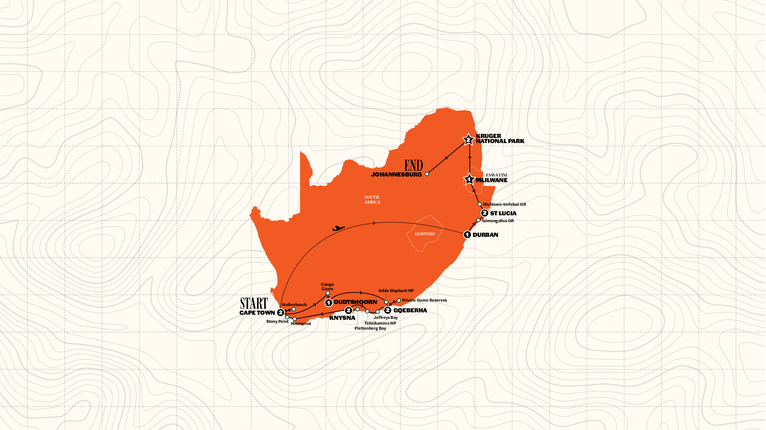Map of Cape Town to Kruger Safari | 2028 from Contiki