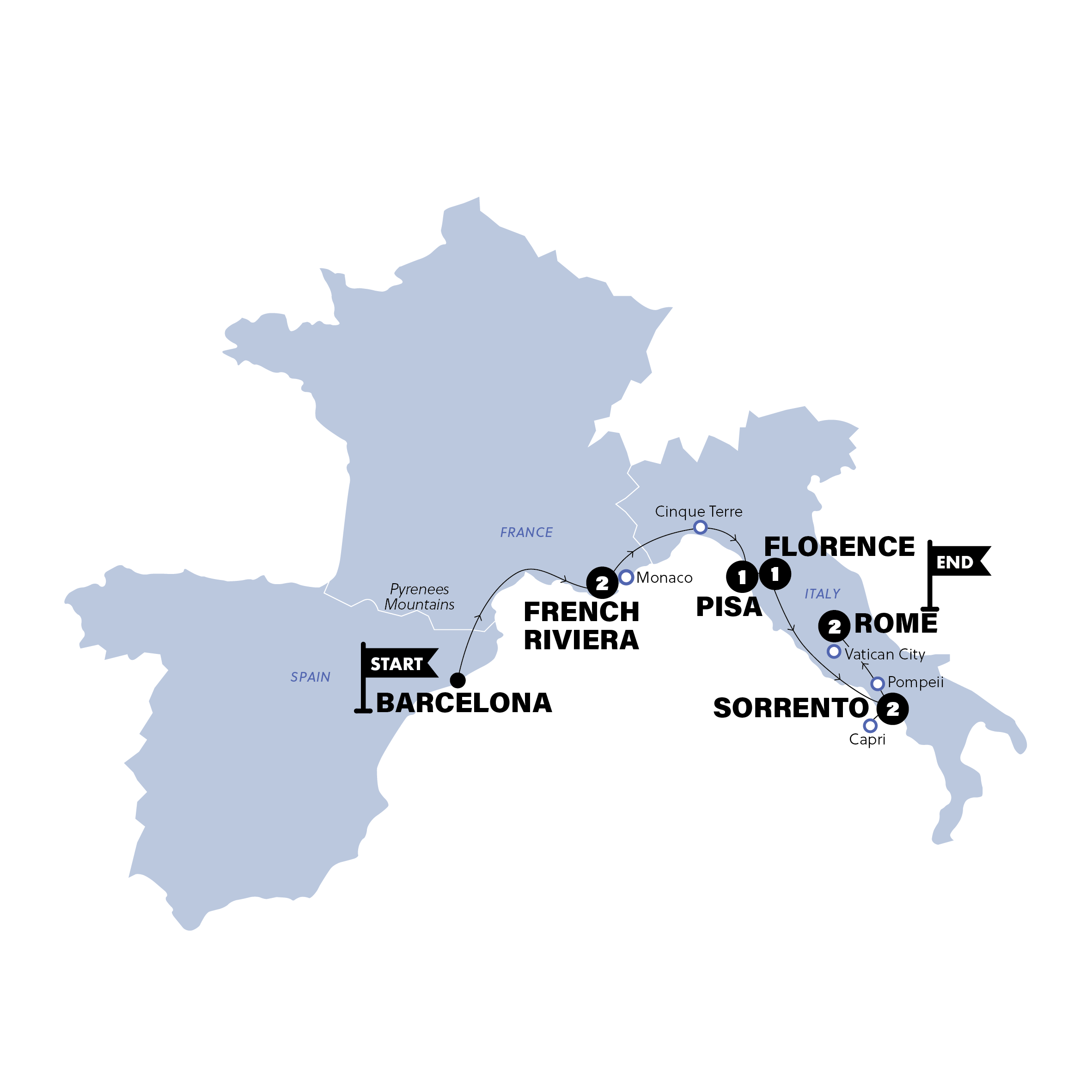 tourhub | Contiki | Barcelona to Rome Quest | Summer 2026 | Tour Map