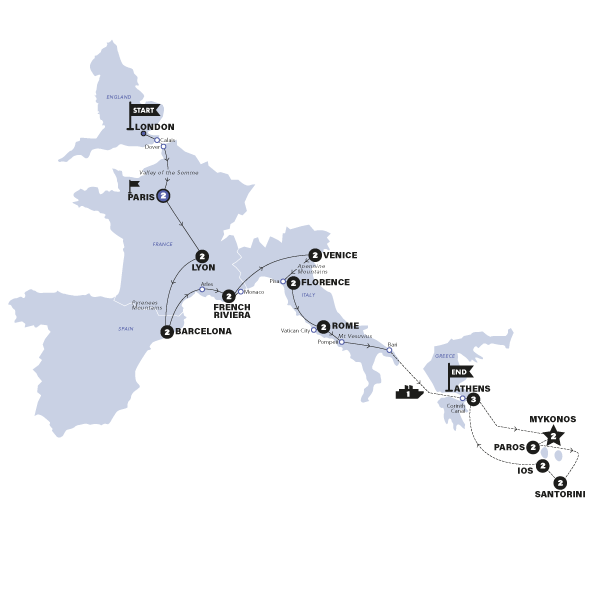 tourhub | Contiki | London to Athens Plus and Greek Island Hopping Plus | Start London | Summer | Season 2024 | Tour Map