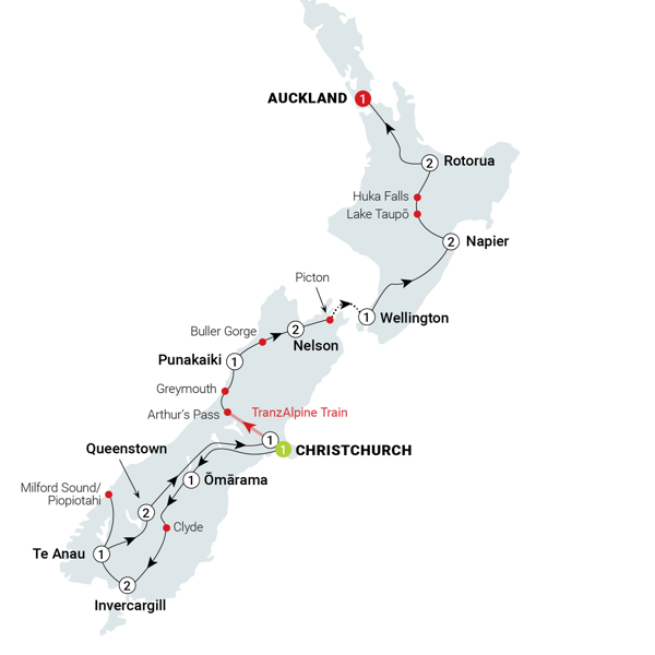 Essence of New Zealand Itinerary Map