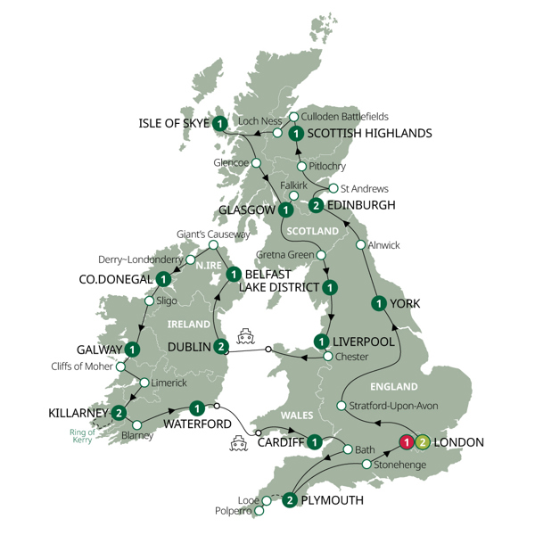Britain and Ireland Grandeur Reverse Itinerary Map