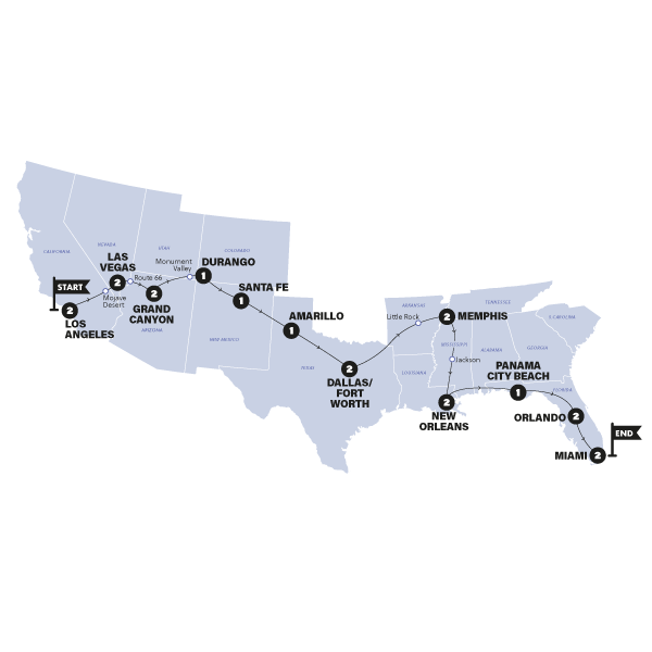 tourhub | Contiki | USA: LA to Miami | 2026 | Tour Map