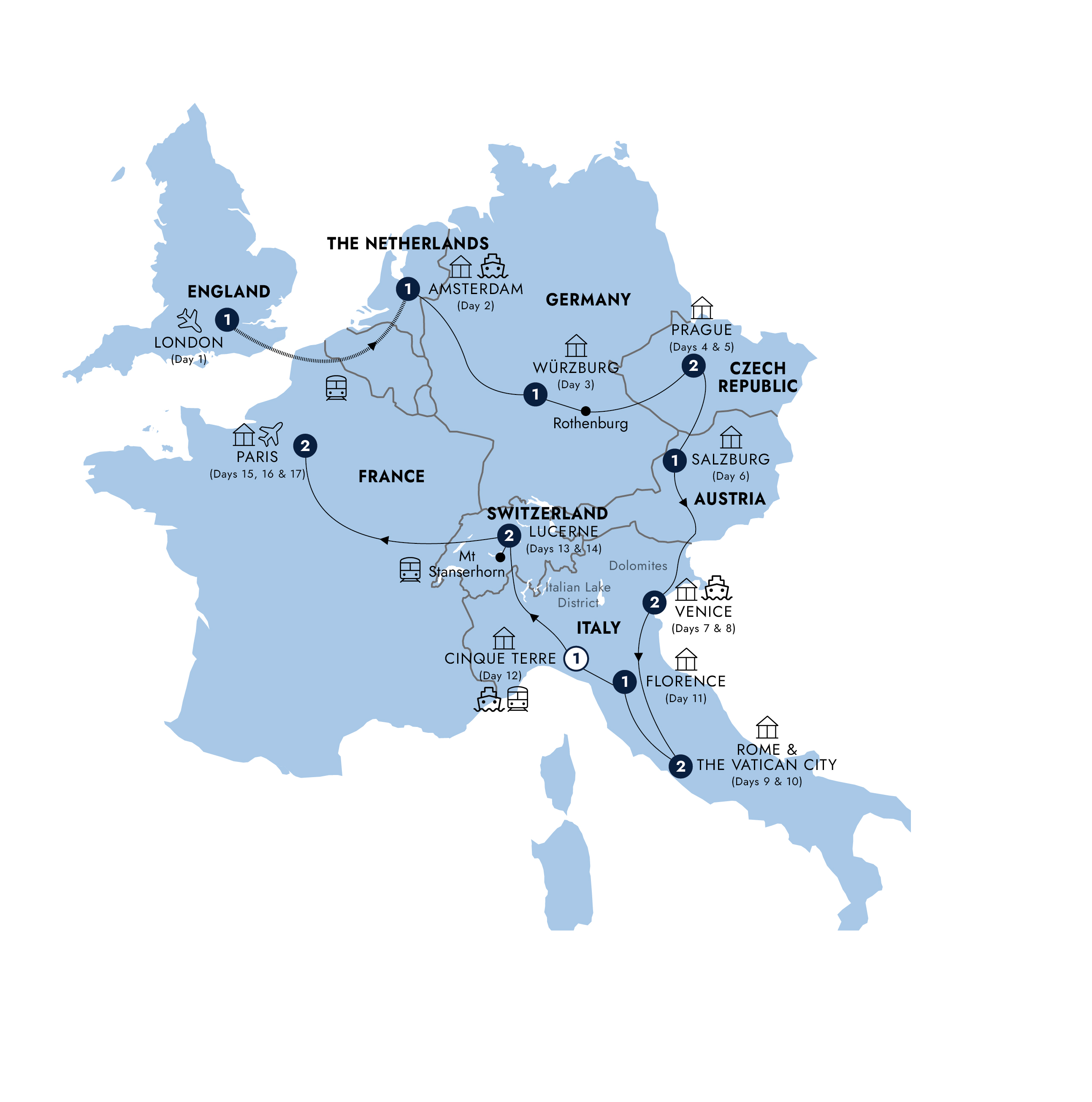 European Discovery - Start London, End Paris, Classic Group Itinerary Map