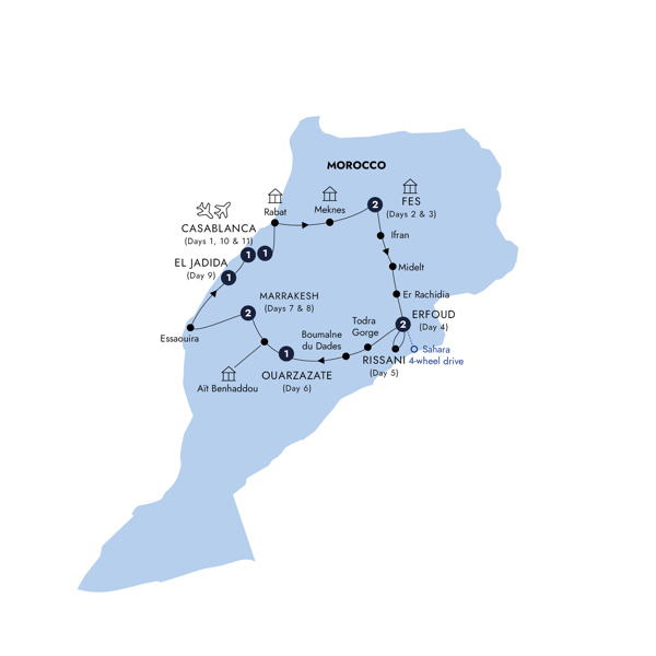 Treasures of Morocco - Classic Group, Summer Itinerary Map