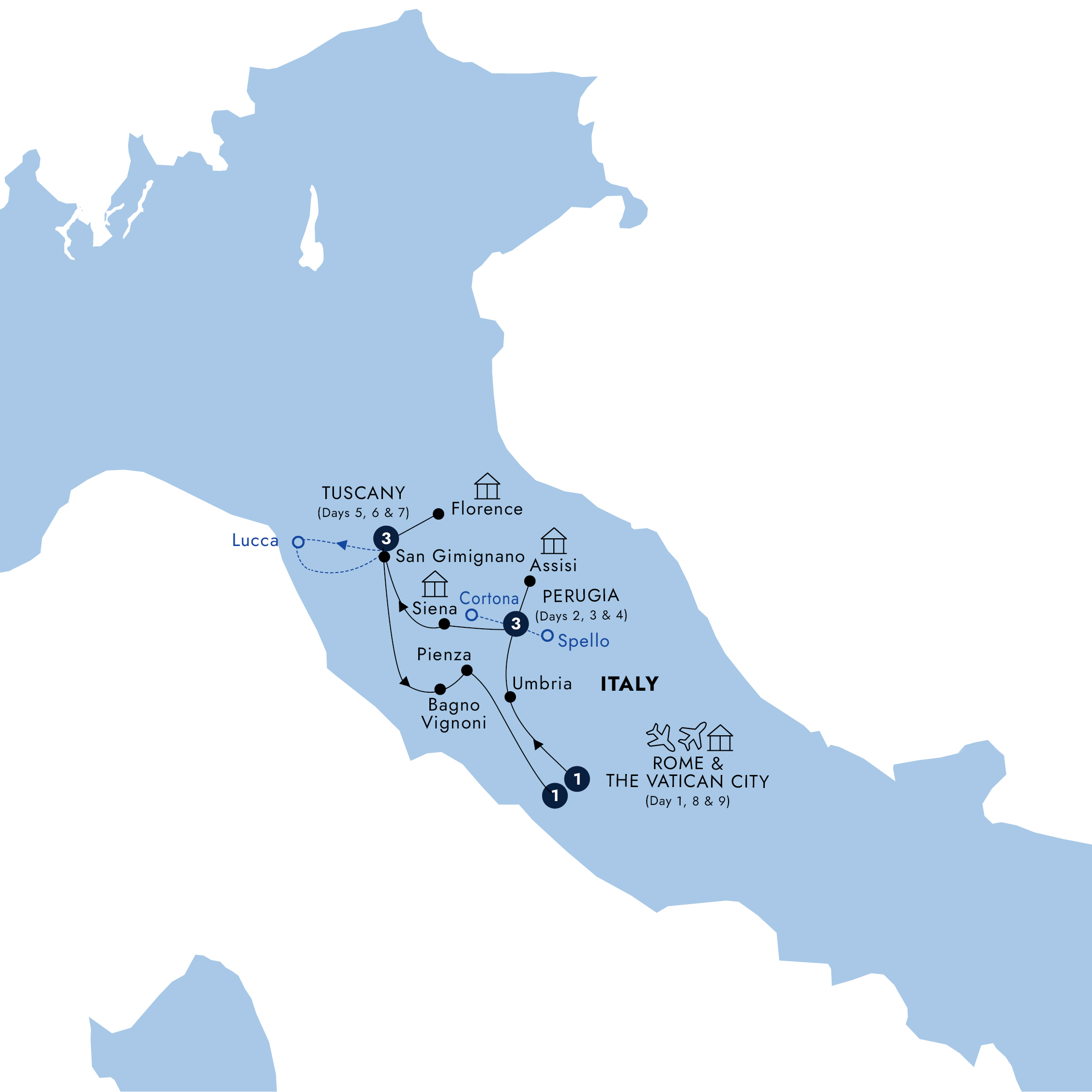 Map of Country Roads of Tuscany & Central Italy (Summer 2027) from Insight Vacations