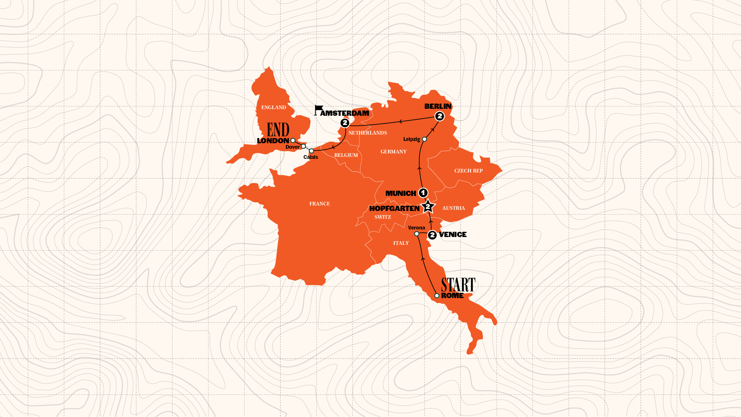 Map of Rome to London Quest | Age 18-22 Hostels | Summer | 2027 from Contiki