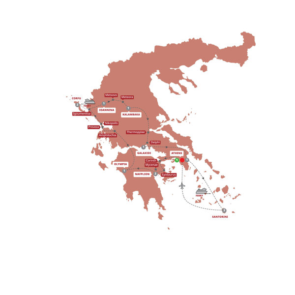 Secrets of Greece including Corfu with Santorini Extension Itinerary Map