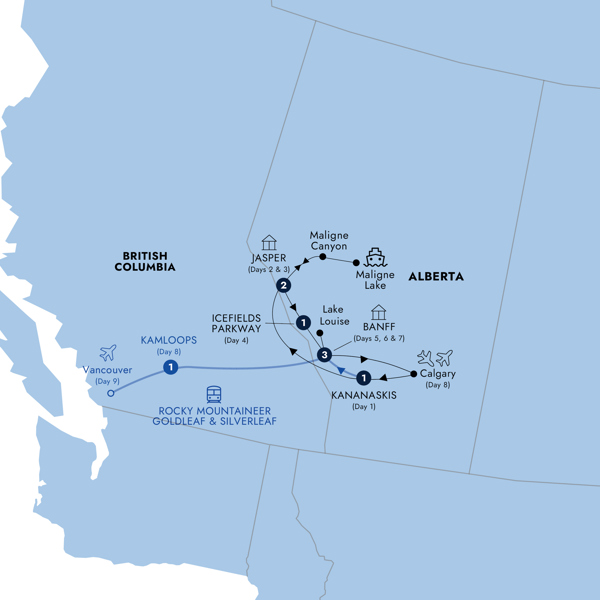 Spectacular Rockies and Glaciers of Alberta with Rocky Mountaineer Silverleaf Option, Classic Group Itinerary Map