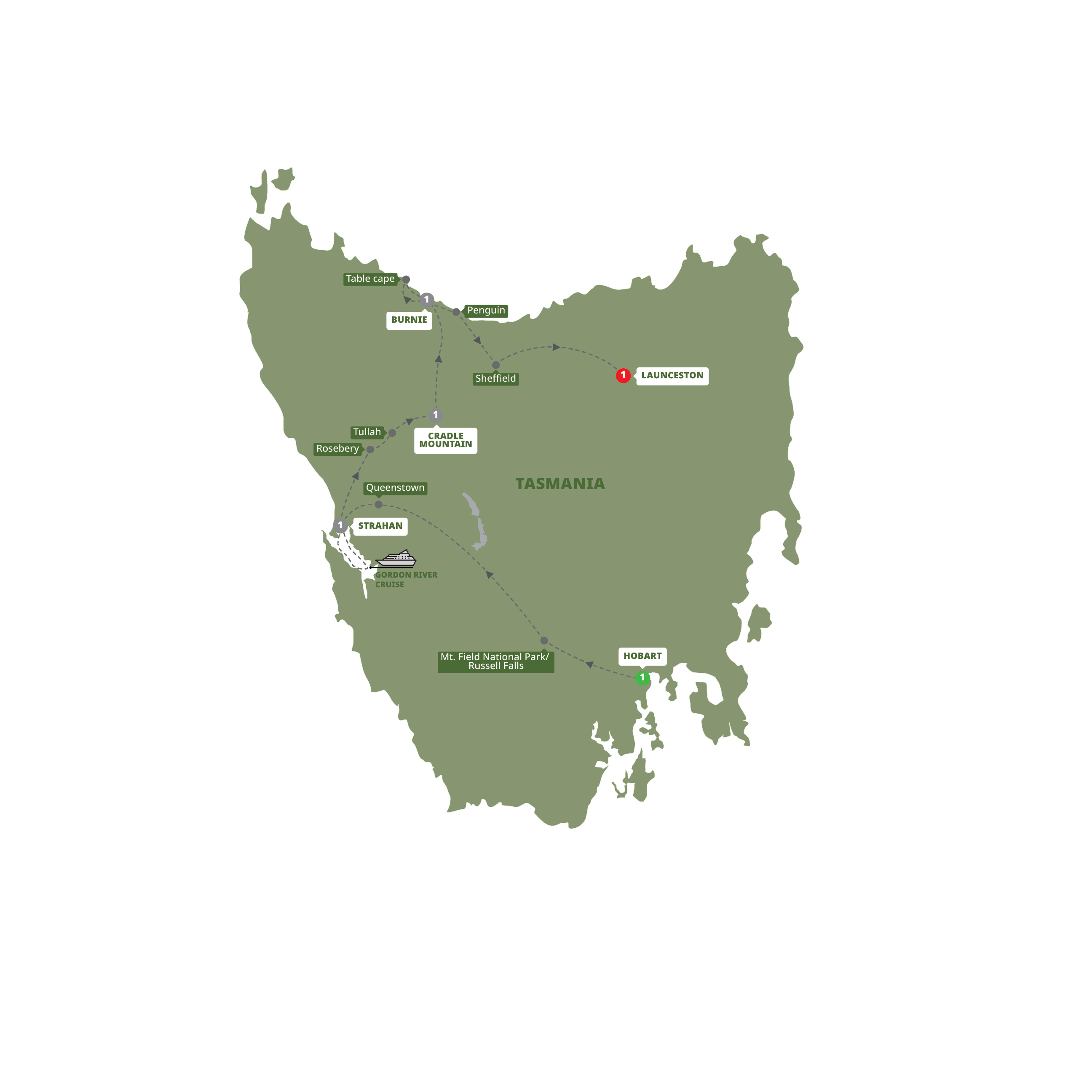 Map of Tassie's Wilderness Icons from Trafalgar