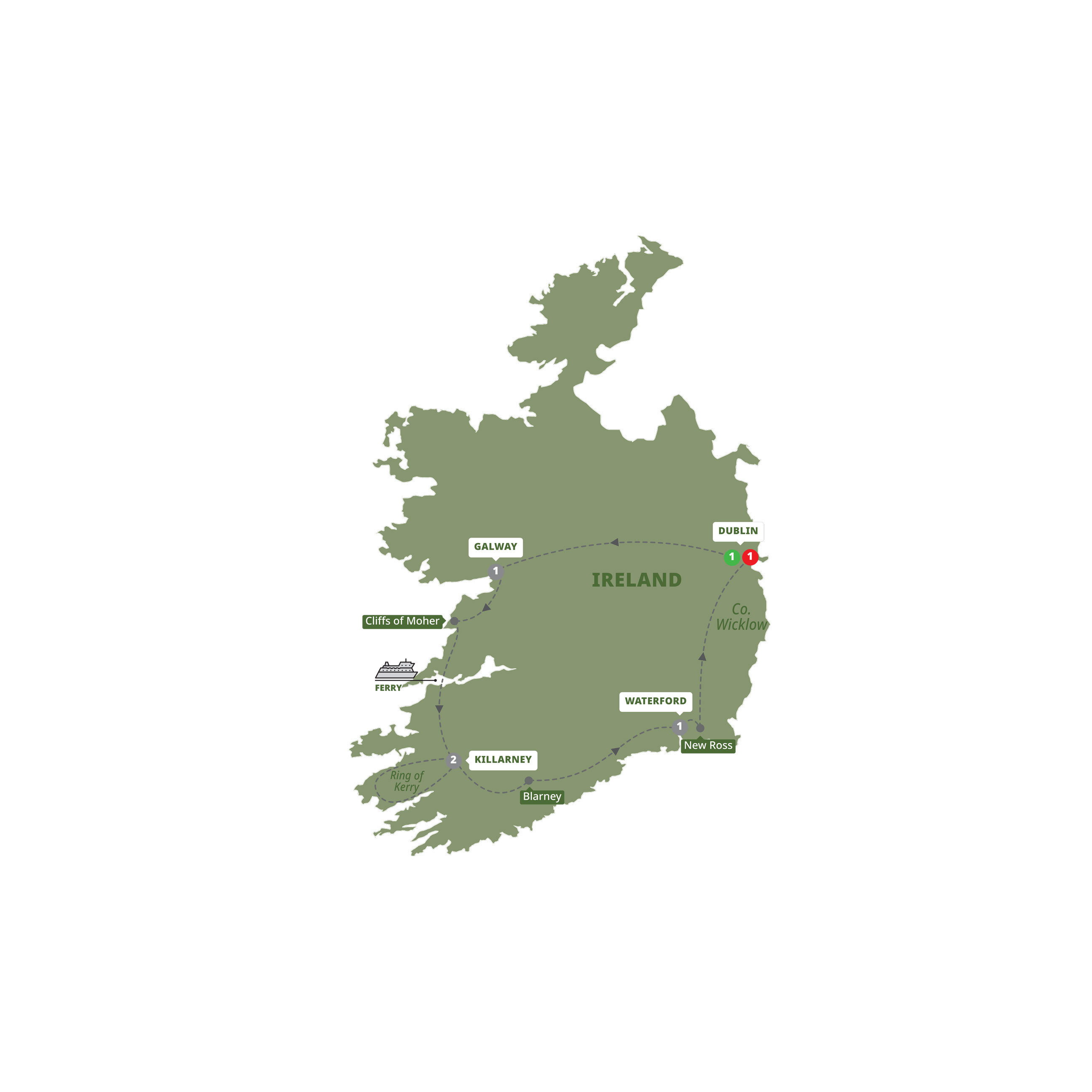 Map of Irish Highlights (Winter 2025 - 2026) from Trafalgar
