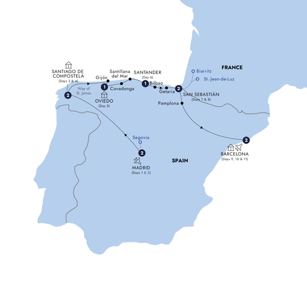 Northern Spain end Barcelona Itinerary Map