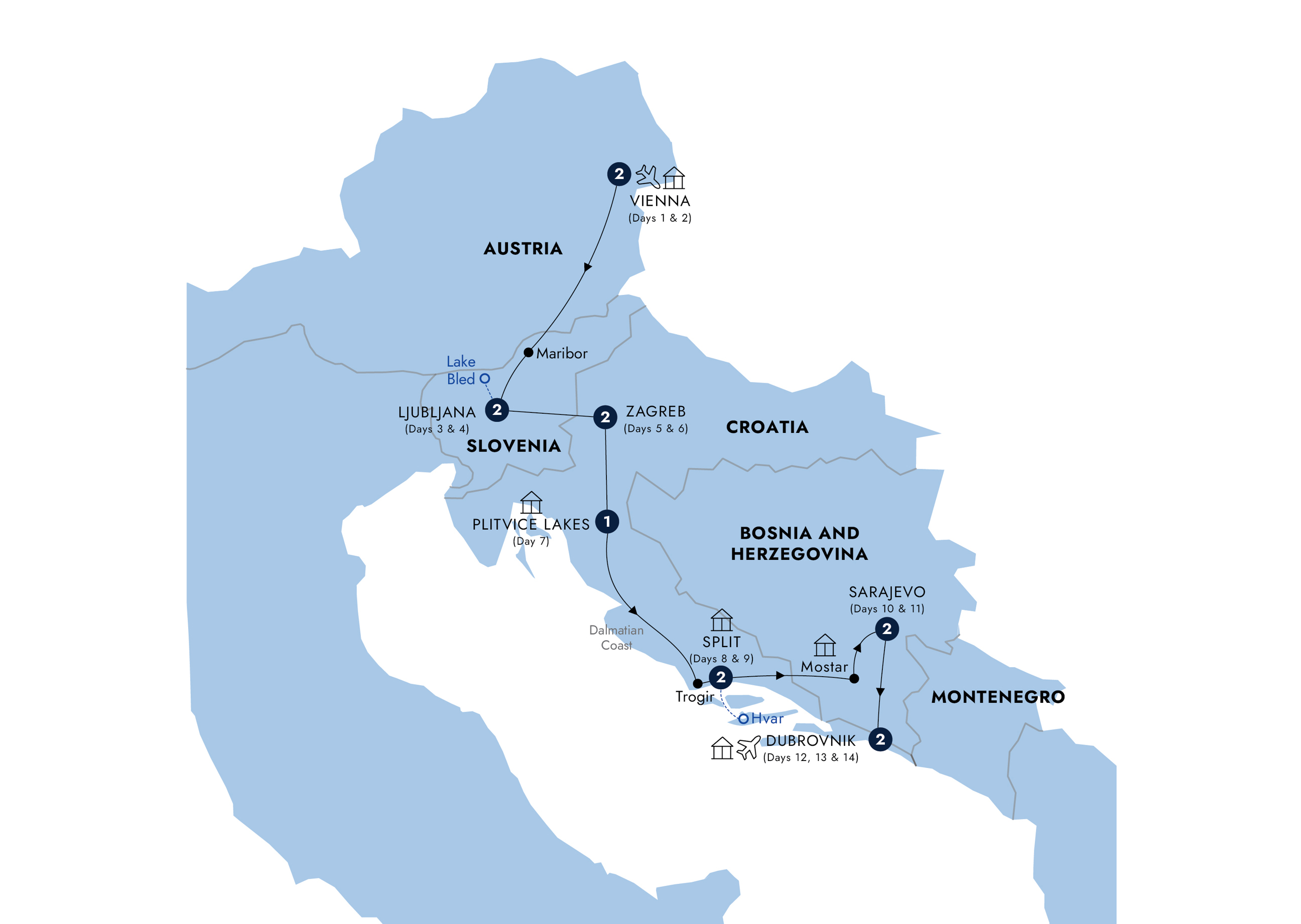 Map of Eastern Capitals & Dalmatian Riviera (Summer 2027) from Insight Vacations